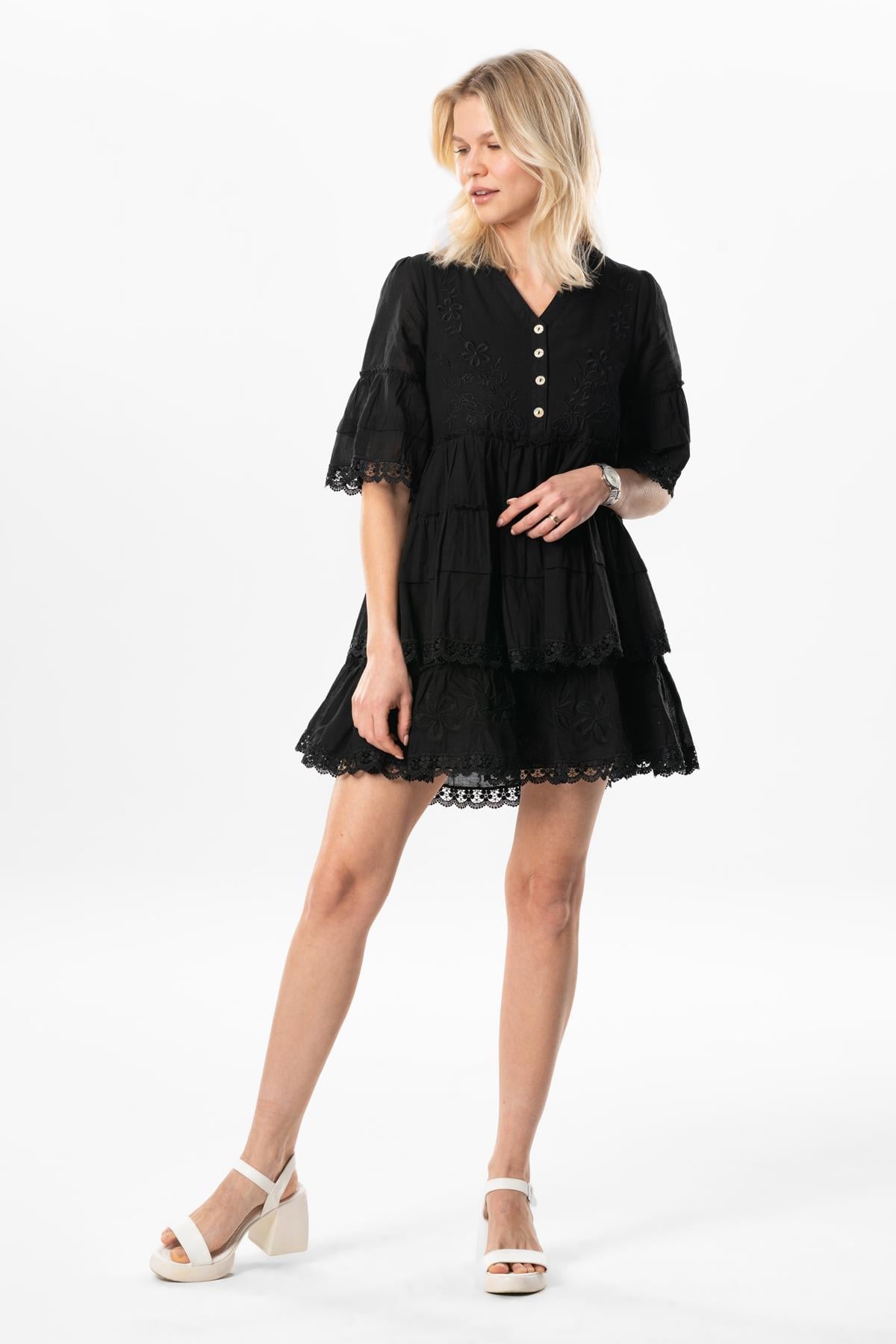 Short Sleeve Lace Şebnem Short Voile Dress Black