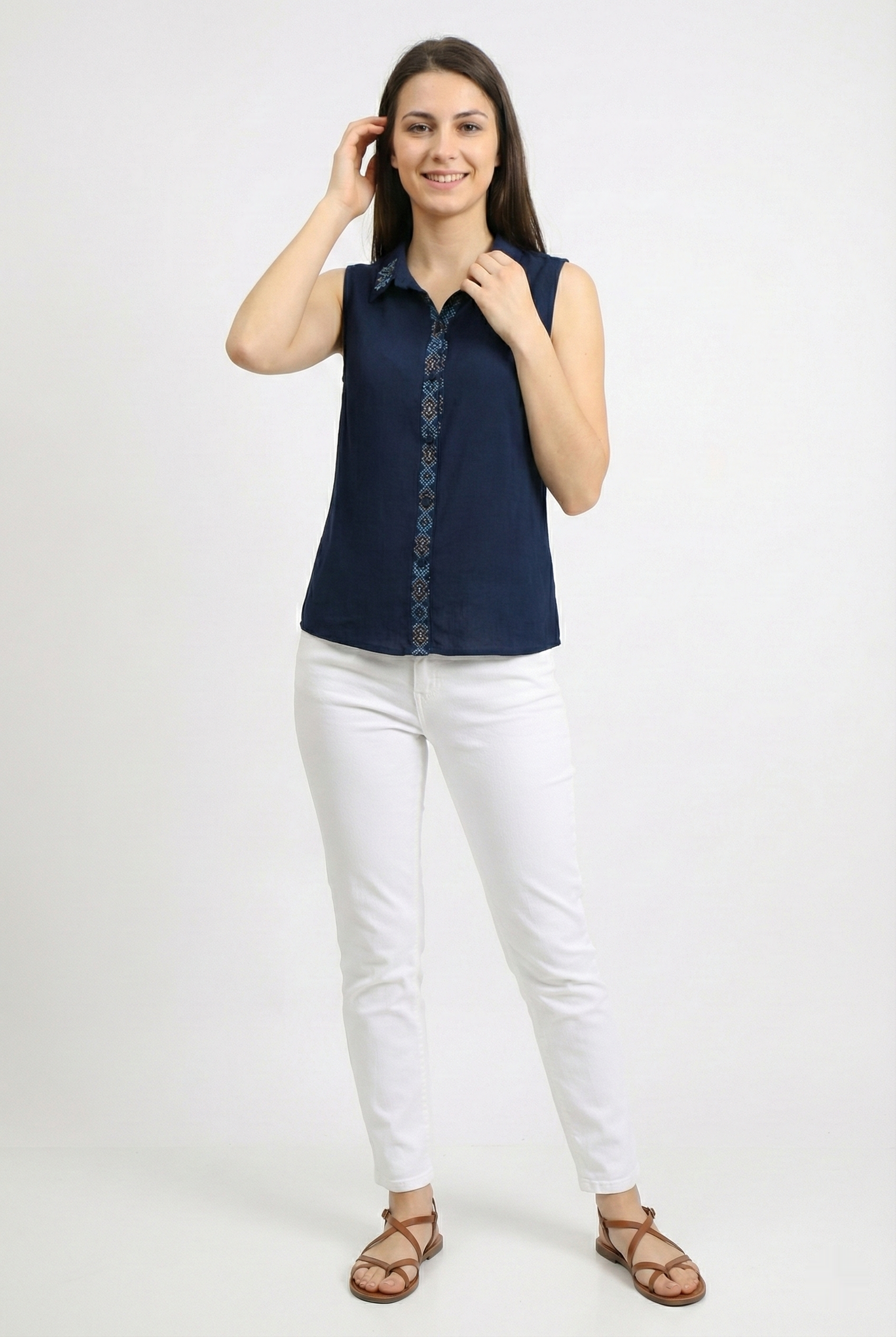 Sleeveless Aden Classic Collar Sile Fabric Summer Women Shirt Navy Blue