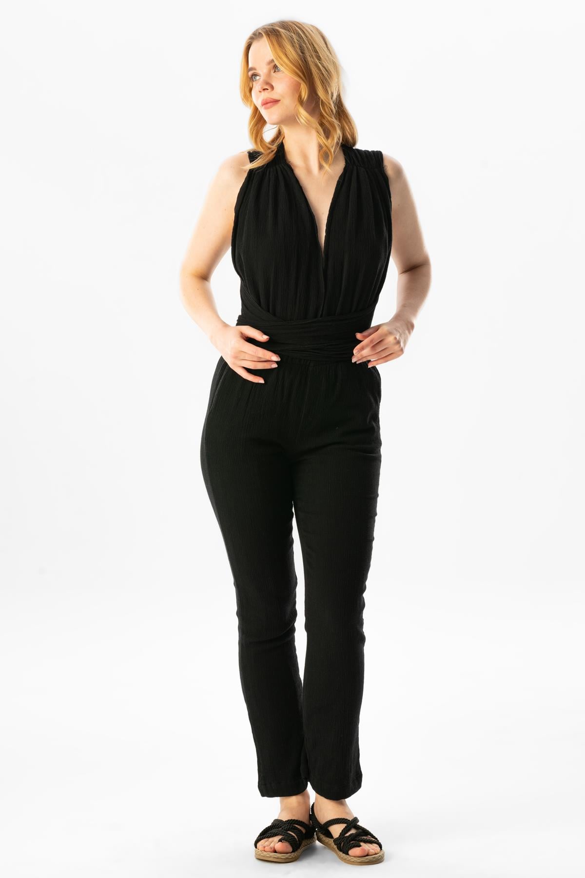 Sleeveless Alisa Village Cloth Back Detail Tied Summer Jumpsuit Black