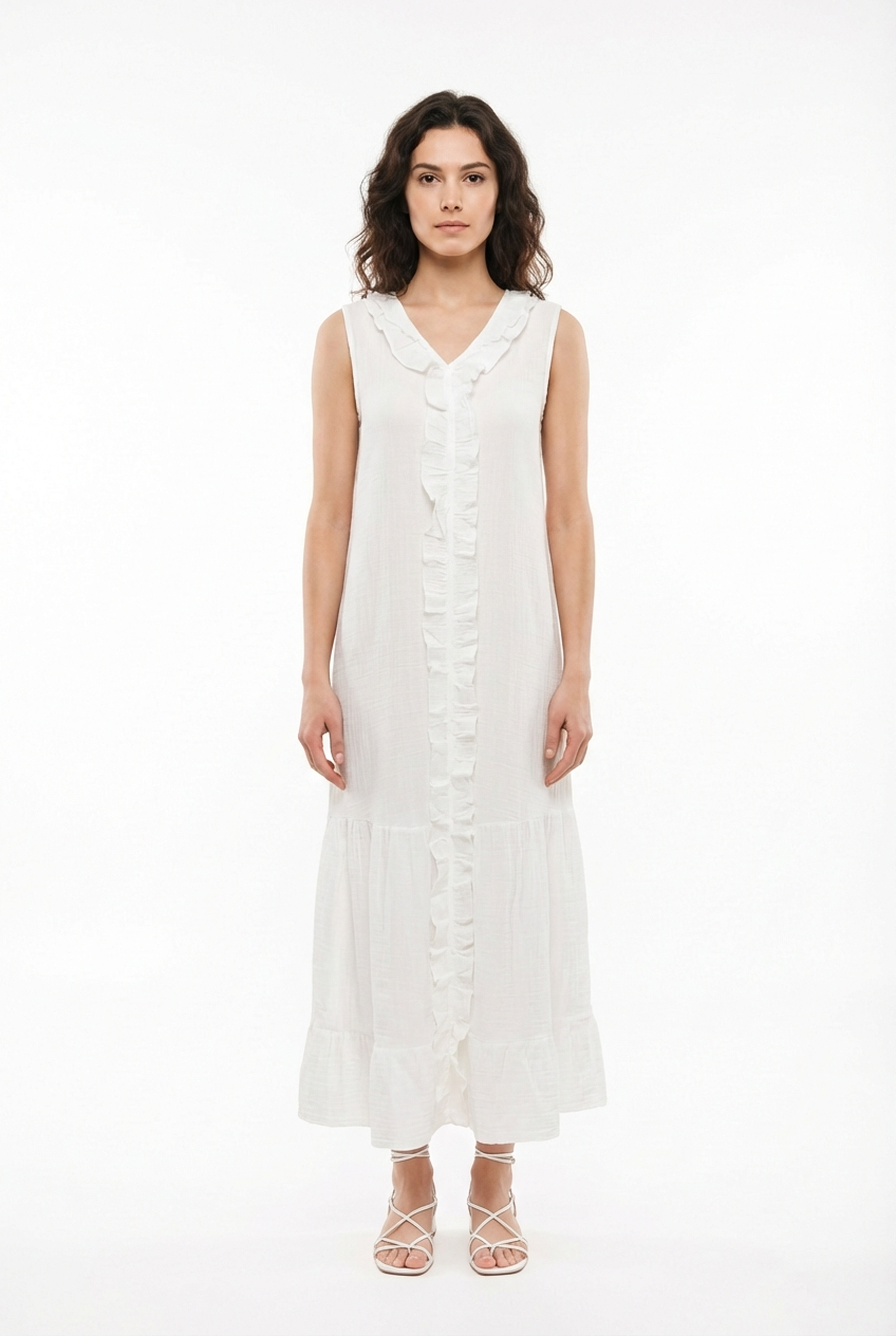Sleeveless Deniz Ruffled V-Neck Summer Muslin Long Dress White