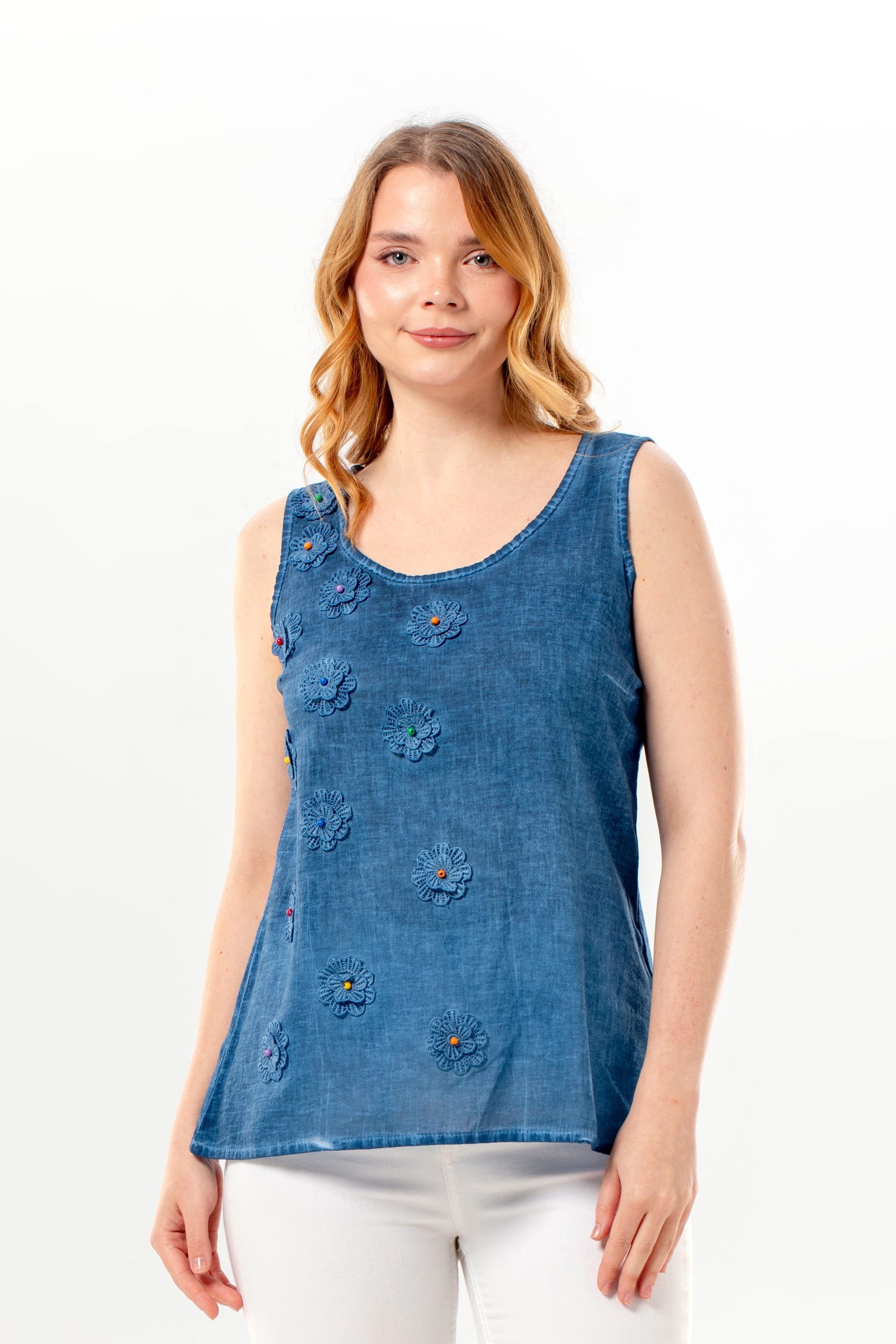 Sleeveless Devin Patterned Summer Poplin Blouse İndigo