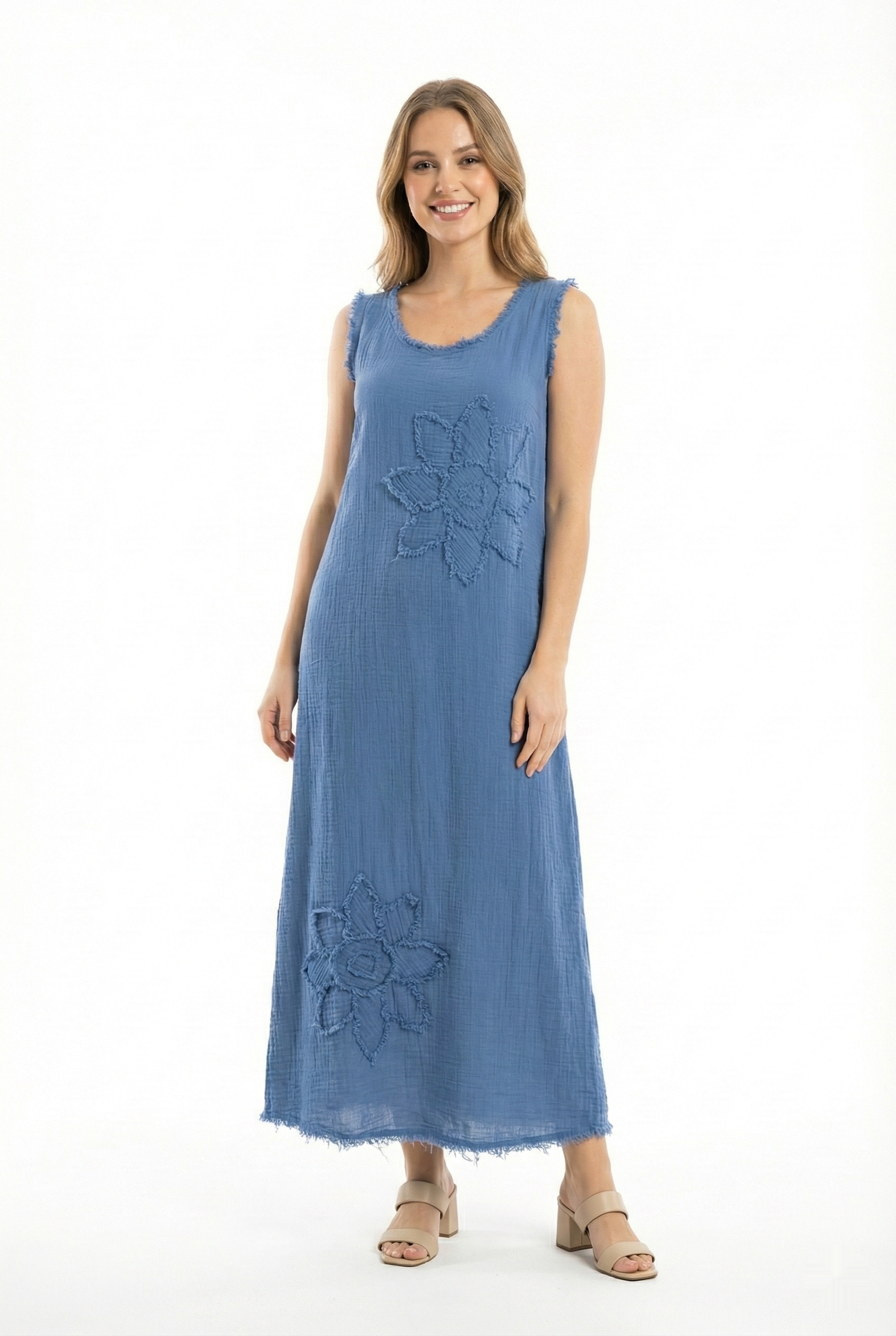 Sleeveless Ferah Bicycle Neckline Summer Authentic Muslin Long Dress İndigo