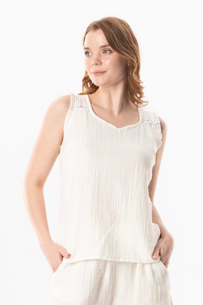 Sleeveless Duru Oval Neck Muslin Summer Blouse Off White