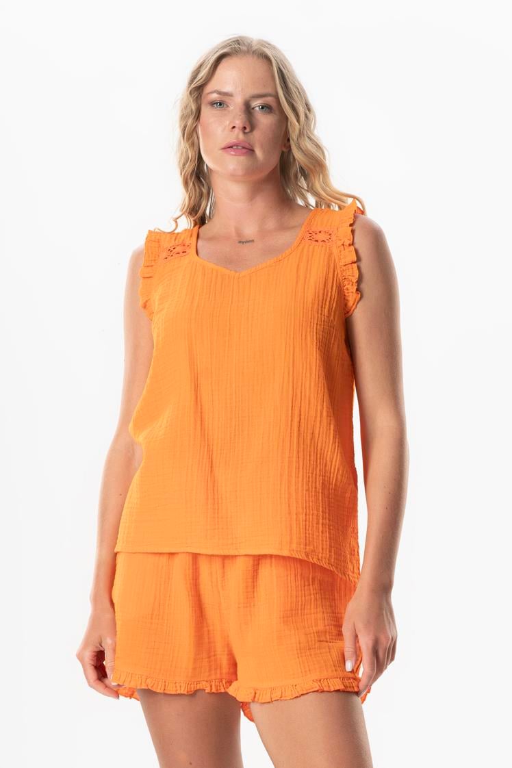Sleeveless Duru Oval Neck Muslin Summer Blouse Orange