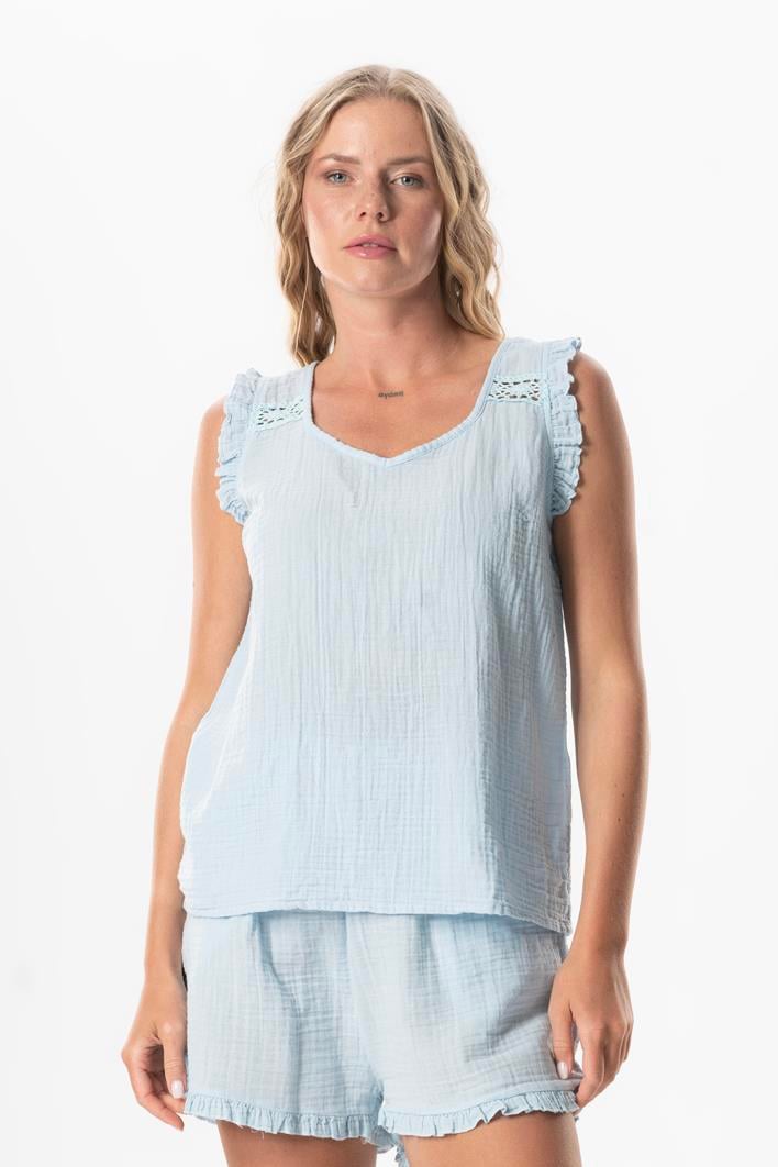 Sleeveless Duru Oval Neck Muslin Summer Blouse Ice Blue