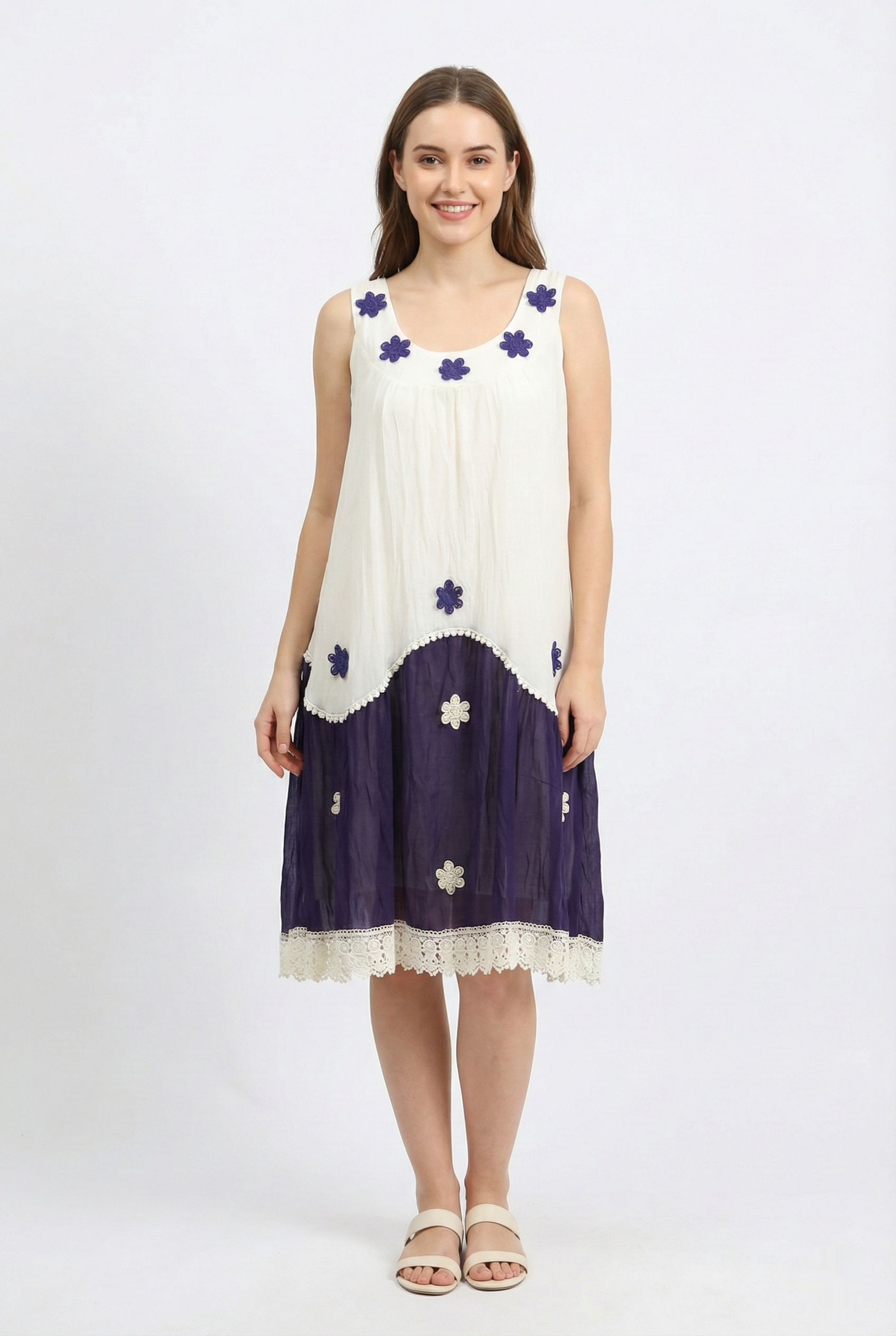 Sleeveless Papatya Round Neck Short Summer Dress Cream/Purple