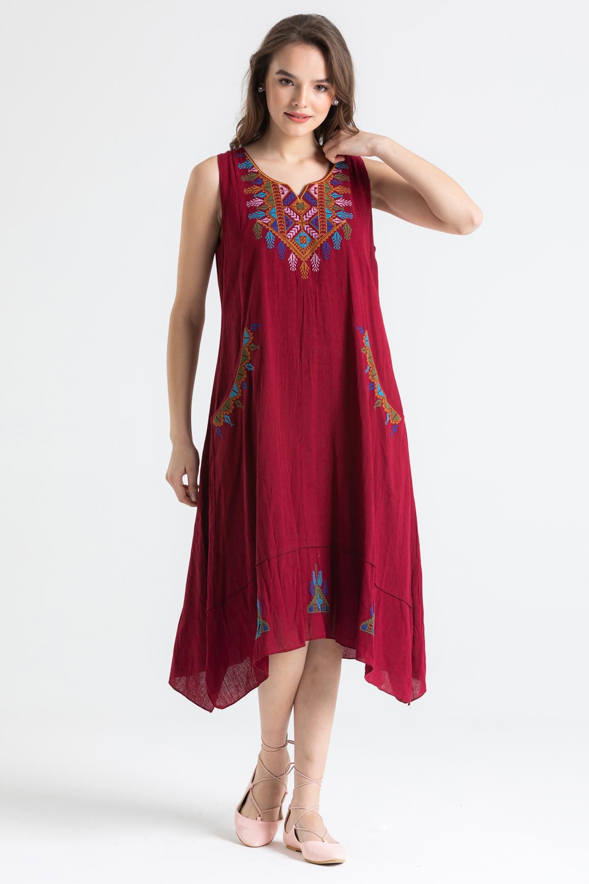 Sleeveless Şile Fabric Antique Embroidered Midi Length Dress Claret Red
