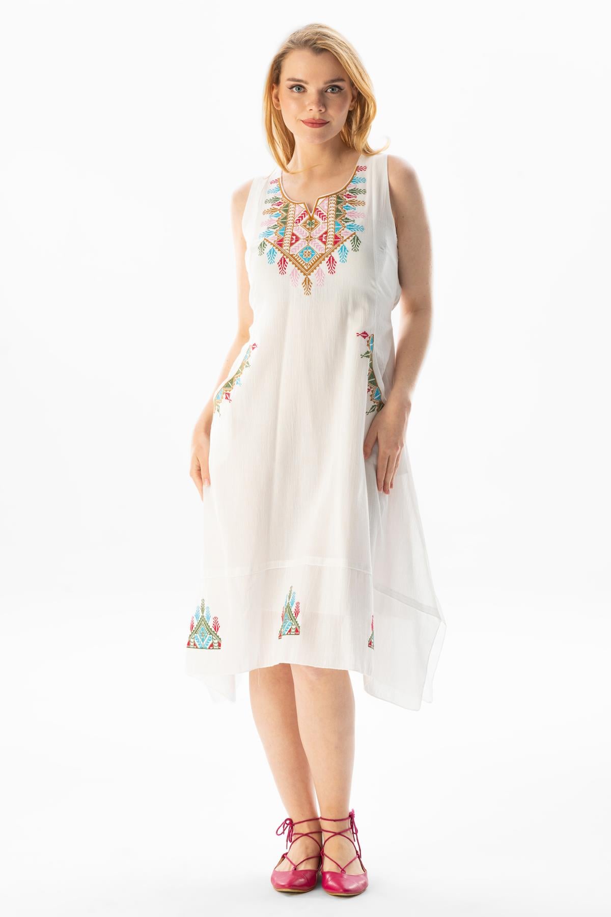 Sleeveless Şile Fabric Antique Embroidered Midi Length Dress Cream