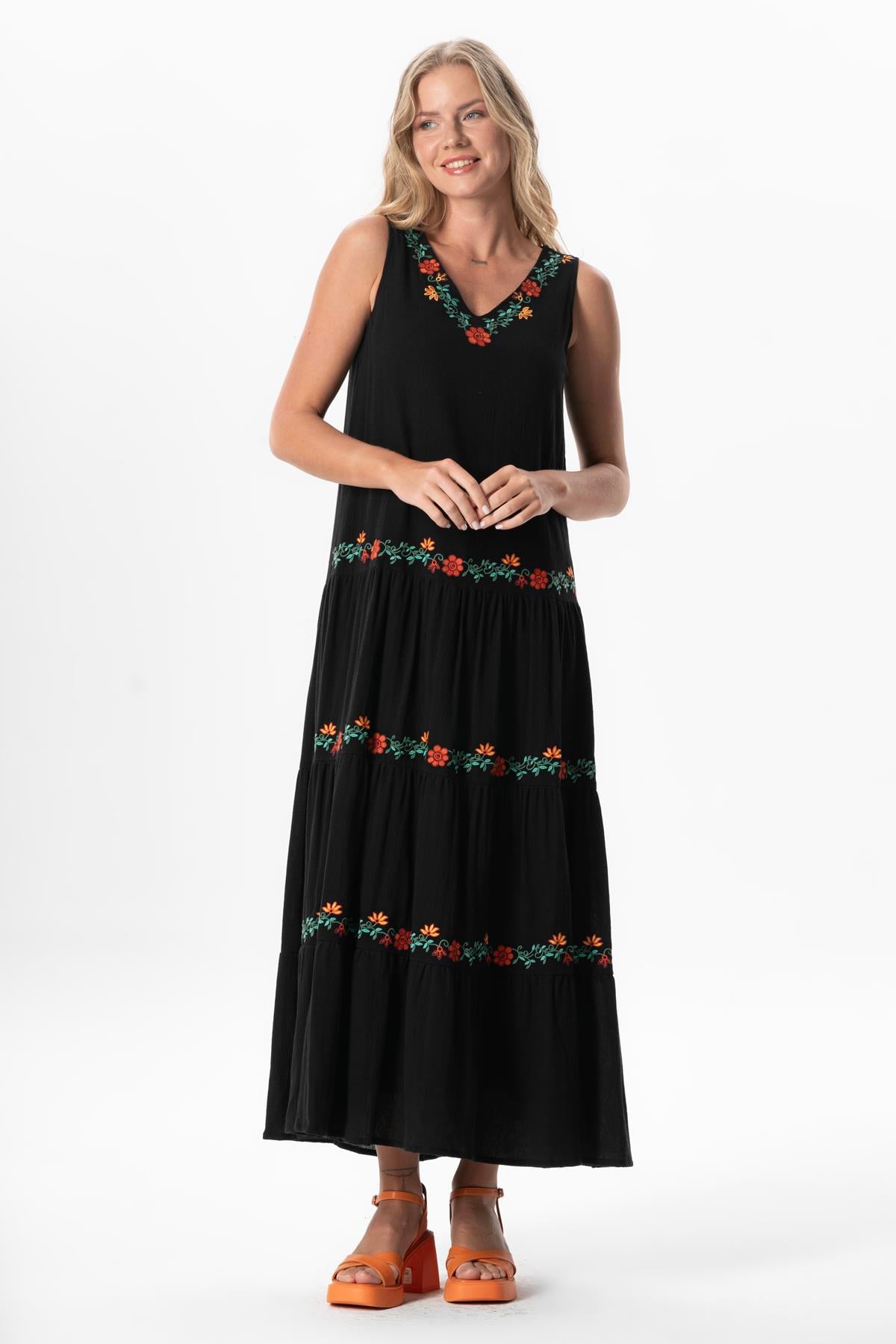 Sleeveless Sile Cloth Bahar V-Neck Embroidered Long Summer Dress Black