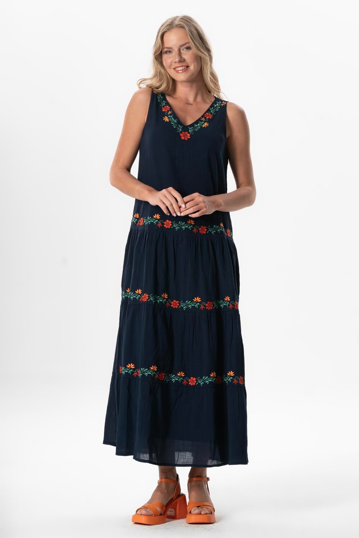 Sleeveless Sile Cloth Bahar V-Neck Embroidered Long Summer Dress Dark Blue