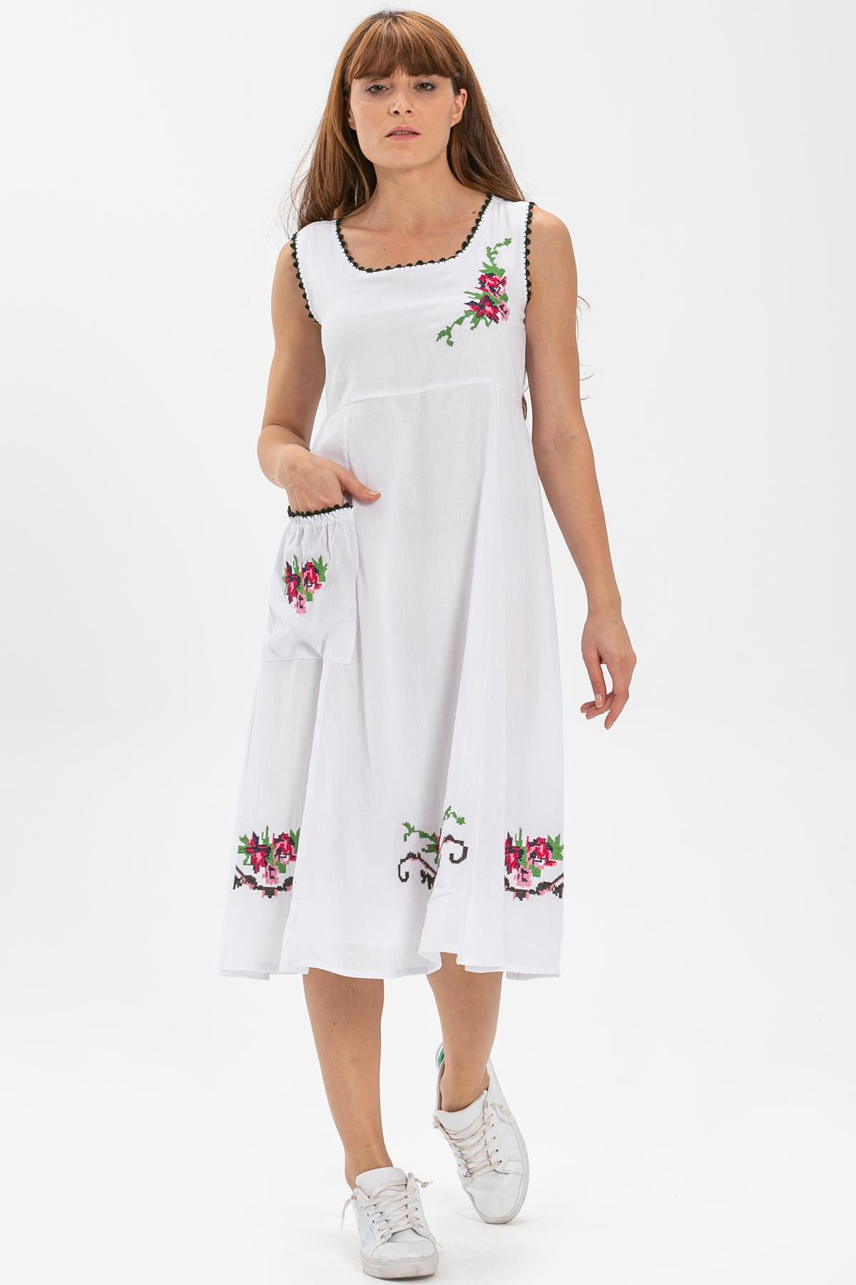 Sleeveless Sile Fabric Burcak Midi Dress White
