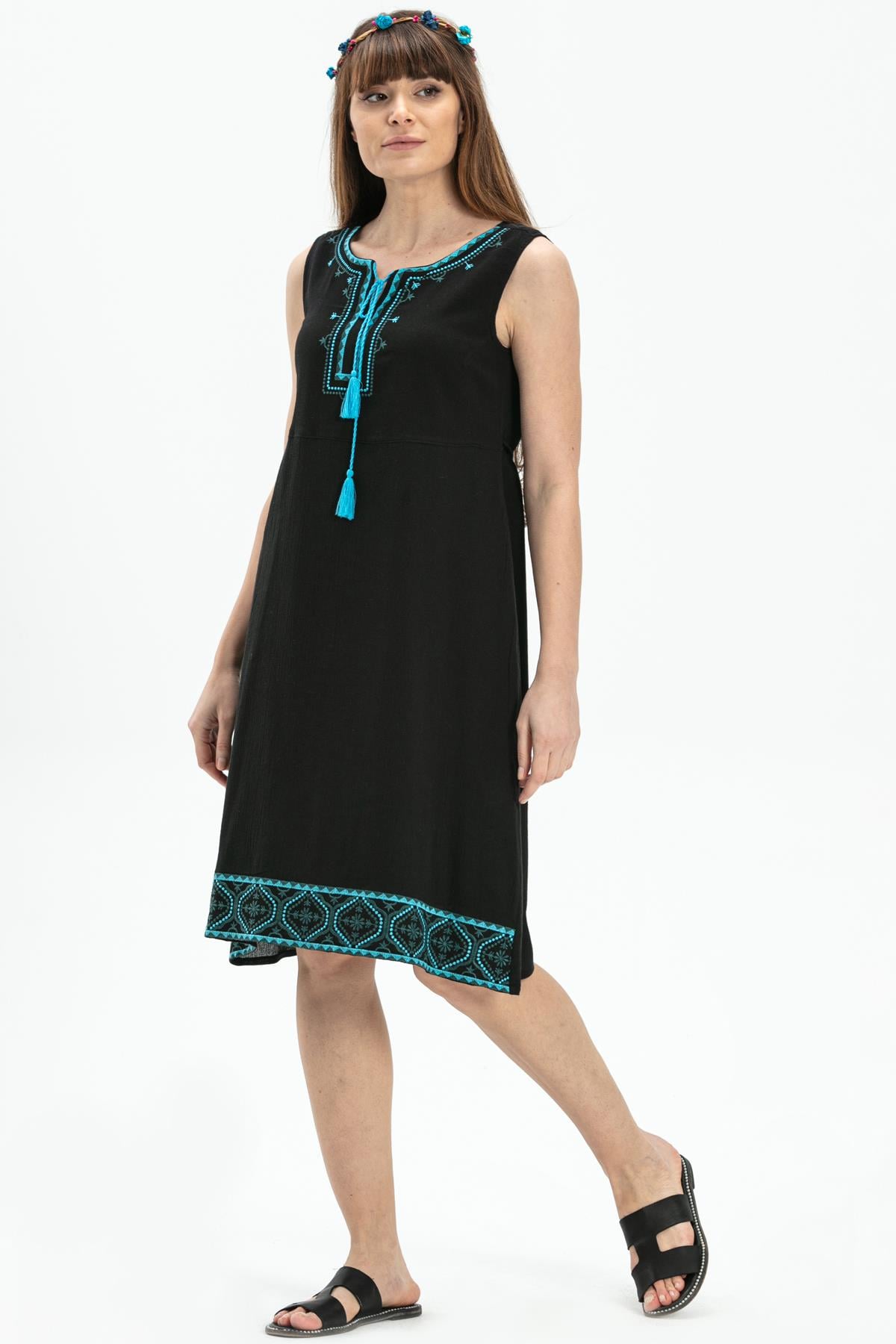 Sleeveless Şile Fabric Firuze Short Dress Black