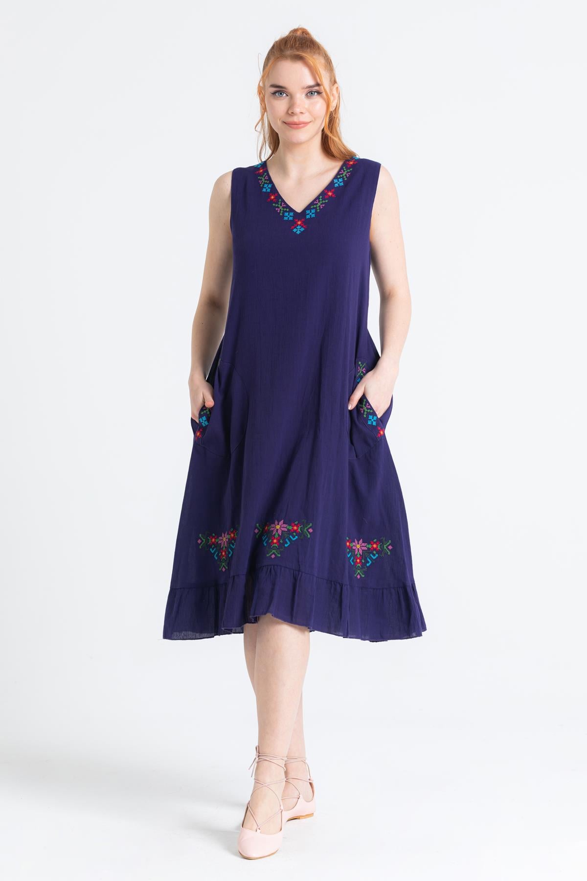 Sleeveless Şile Fabric Mehtap Midi Length Dress Purple
