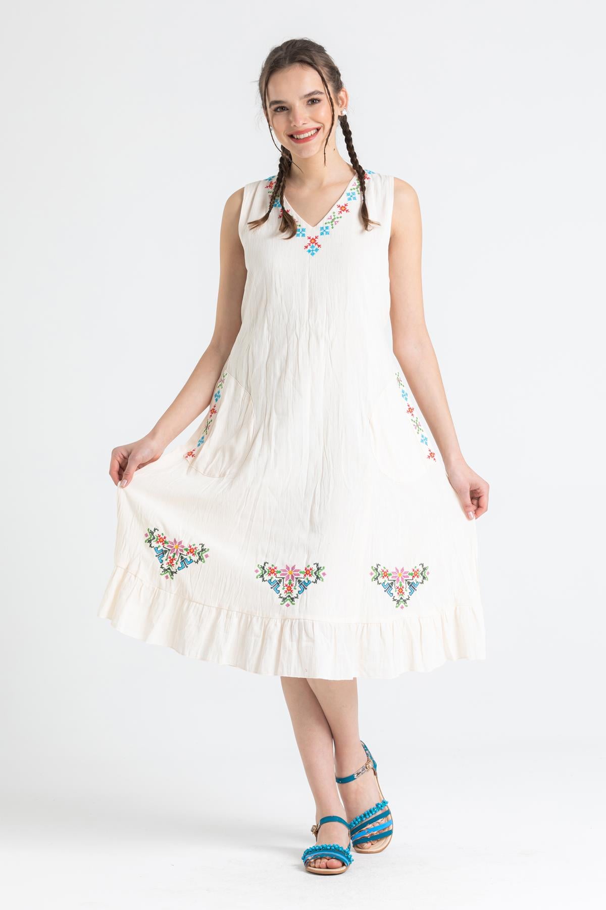 Sleeveless Şile Fabric Mehtap Midi Length Dress Cream