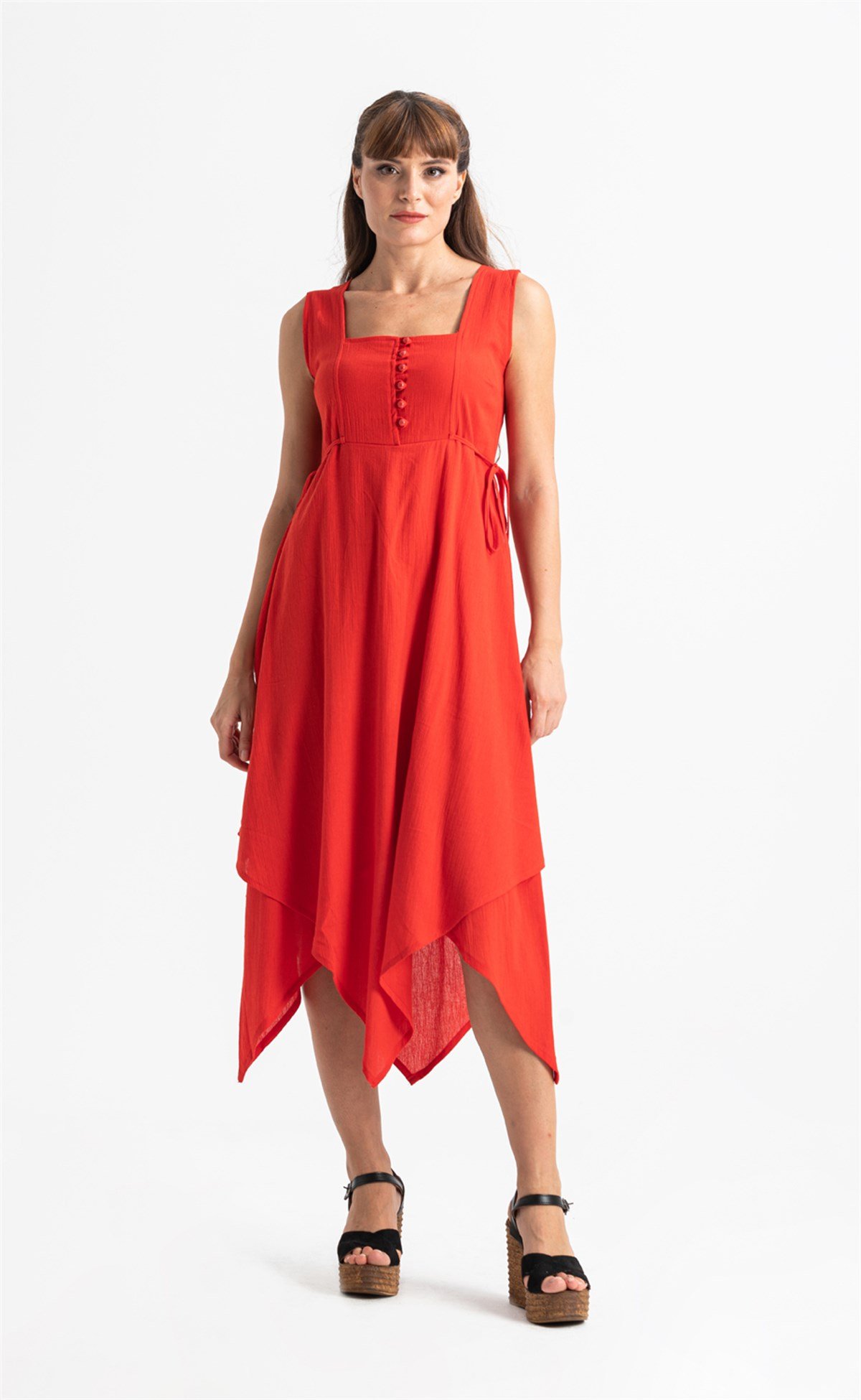 Kolsuz Şile Bezi Üçgen Katlı Midi Boy Elbise Kırmızı Krmz