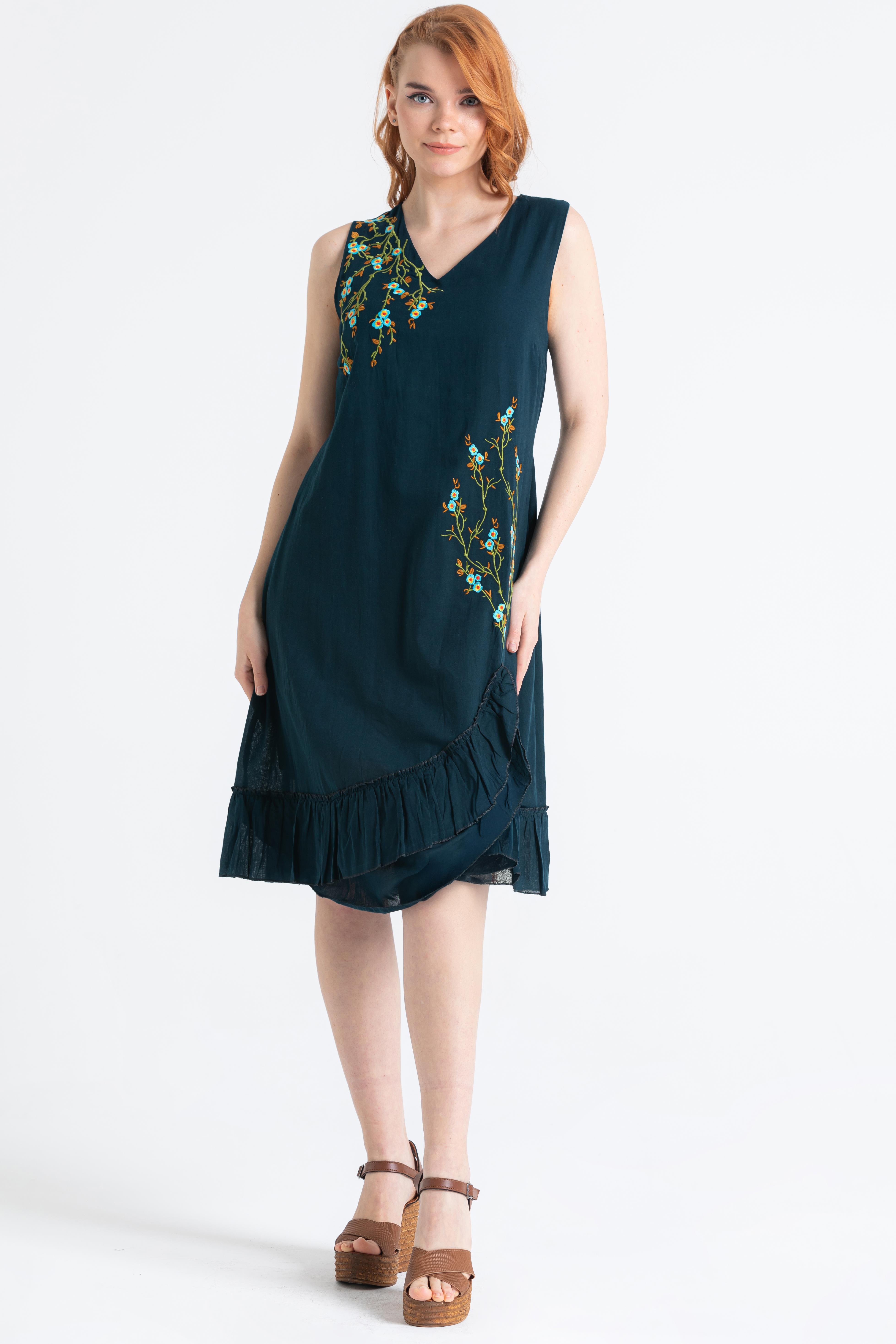 Sleeveless Voile Candan Slit Midi Length Dress Petrol