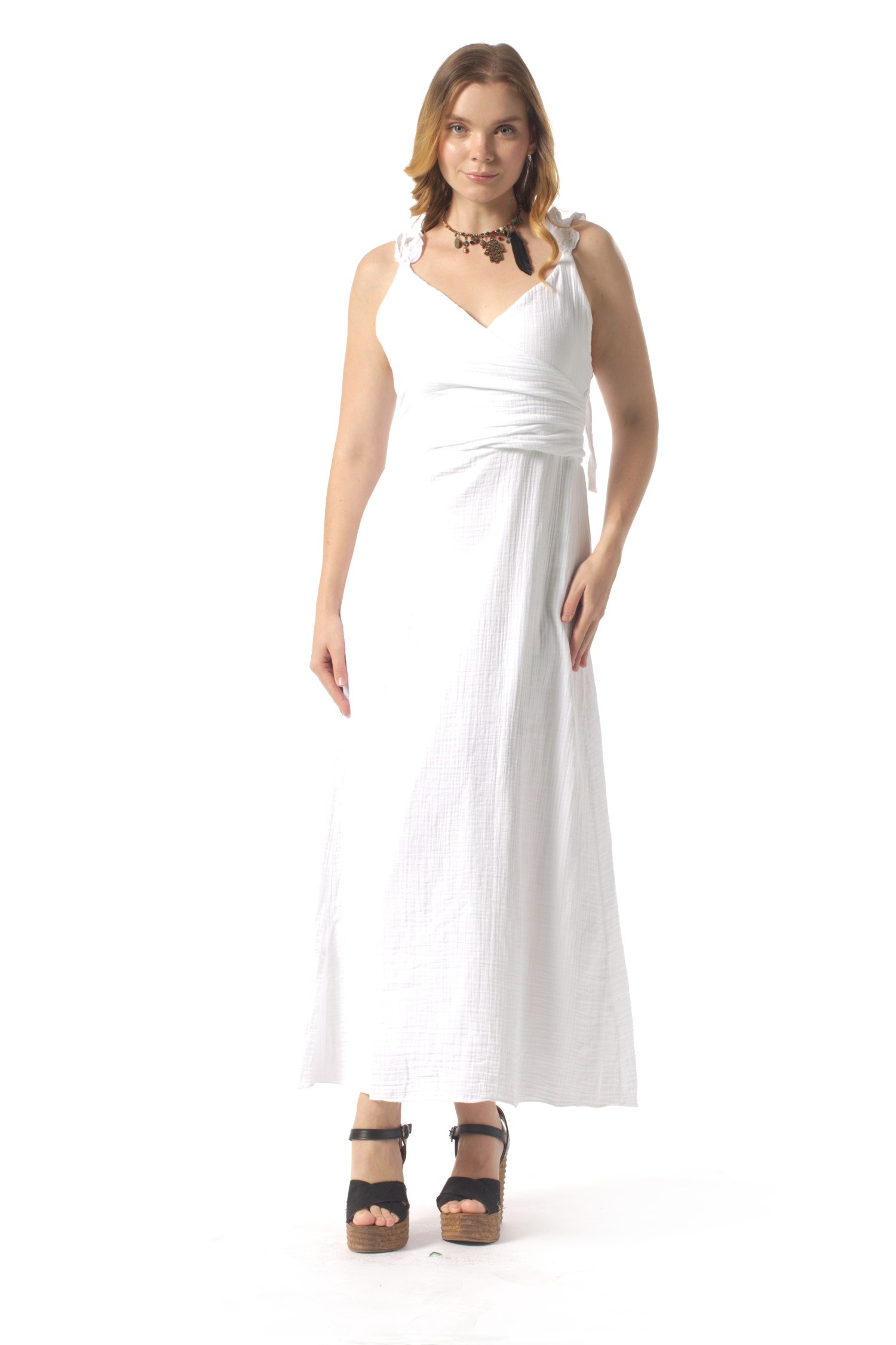 Lady Adjustable Shoulder Strap V-Neck Long Muslin Dress White