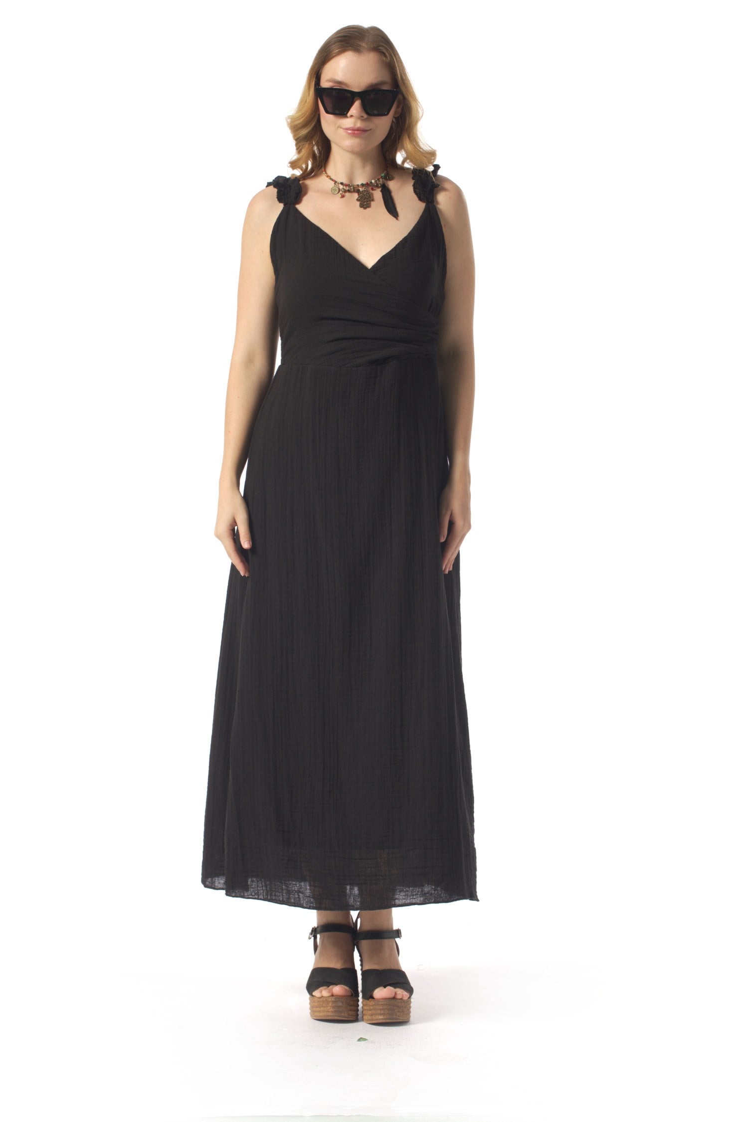 Lady Adjustable Shoulder Strap V-Neck Long Muslin Dress Black