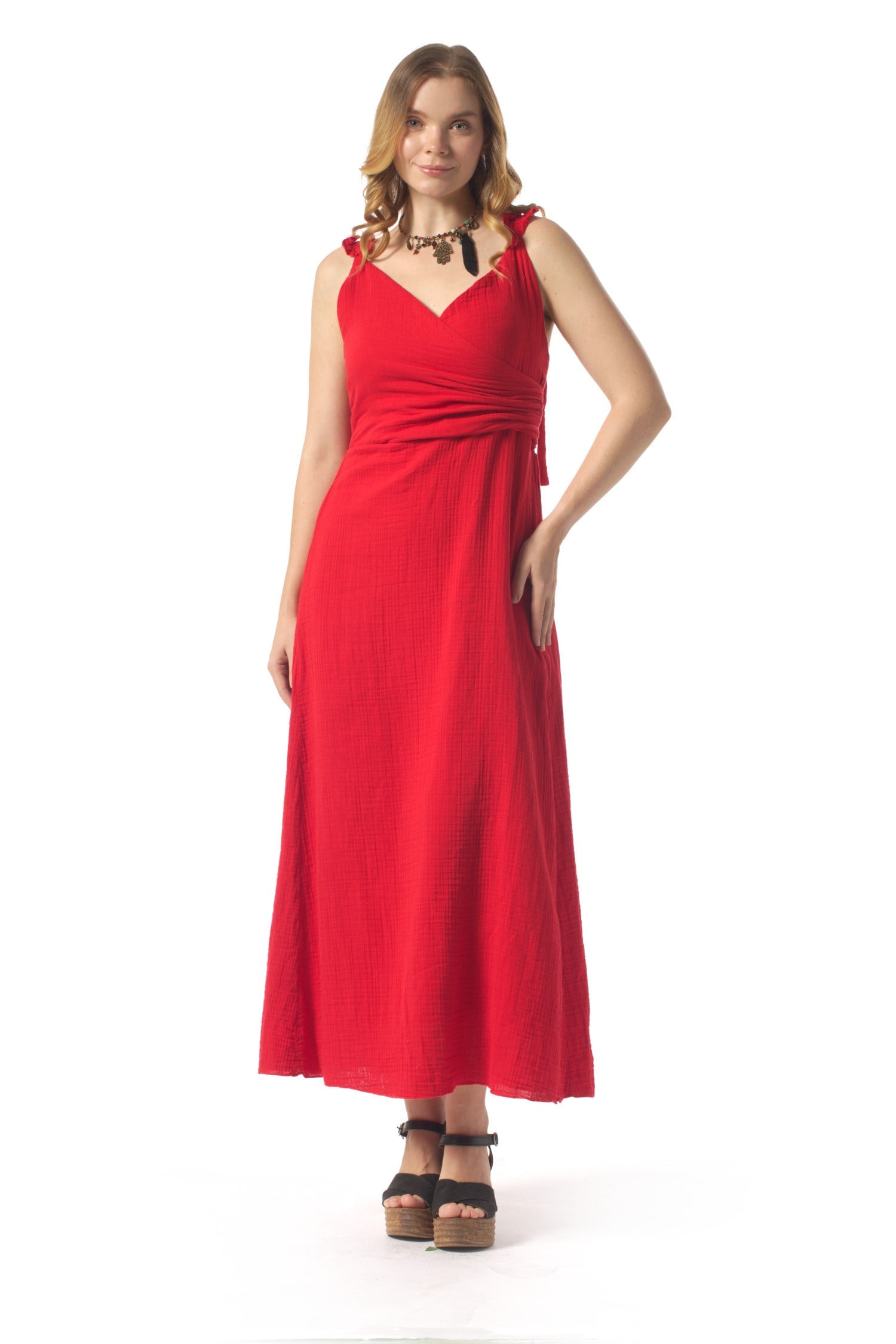 Lady Adjustable Shoulder Strap V-Neck Long Muslin Dress Red