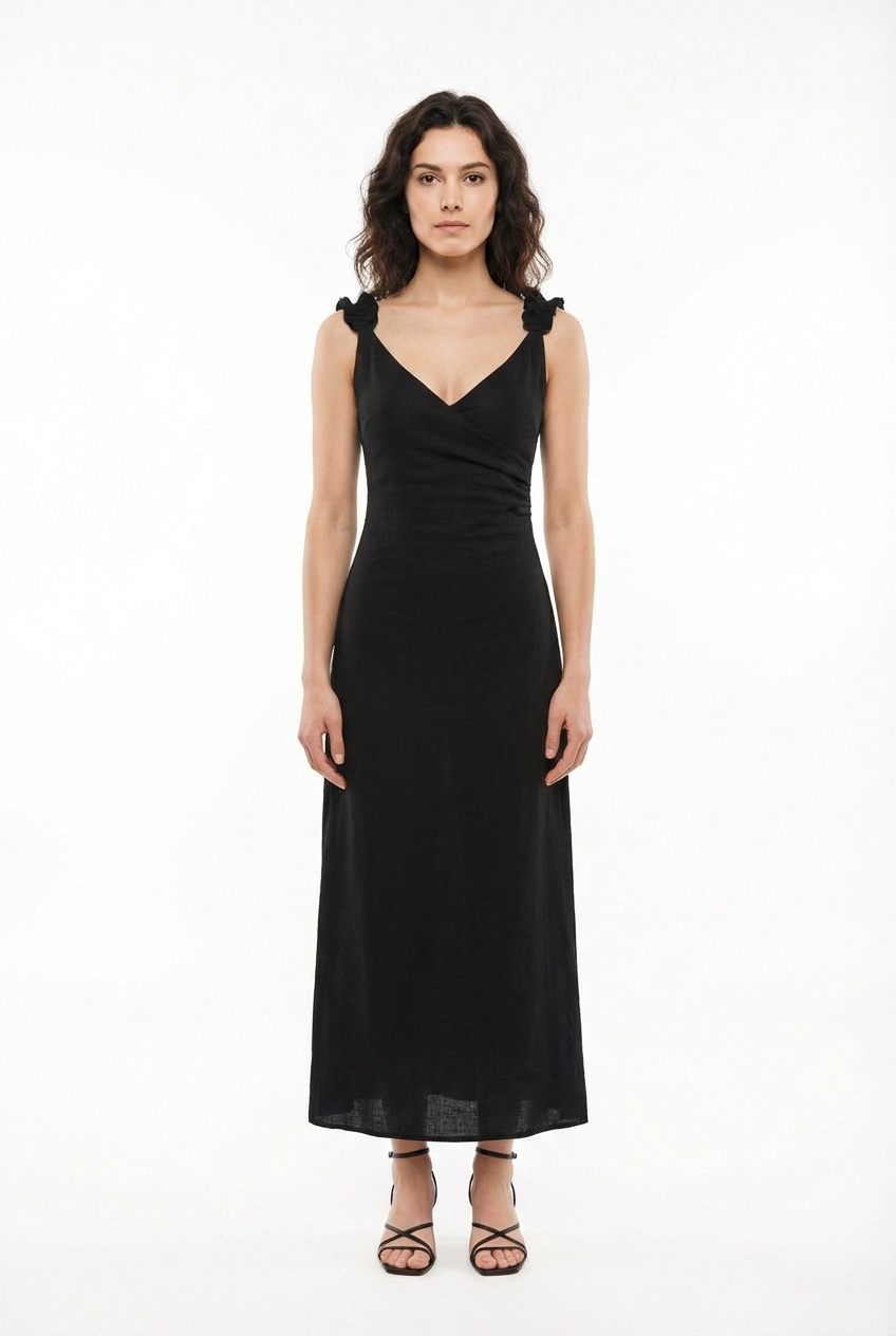 Lady Adjustable Shoulder Strap V-Neck Long Muslin Dress Black