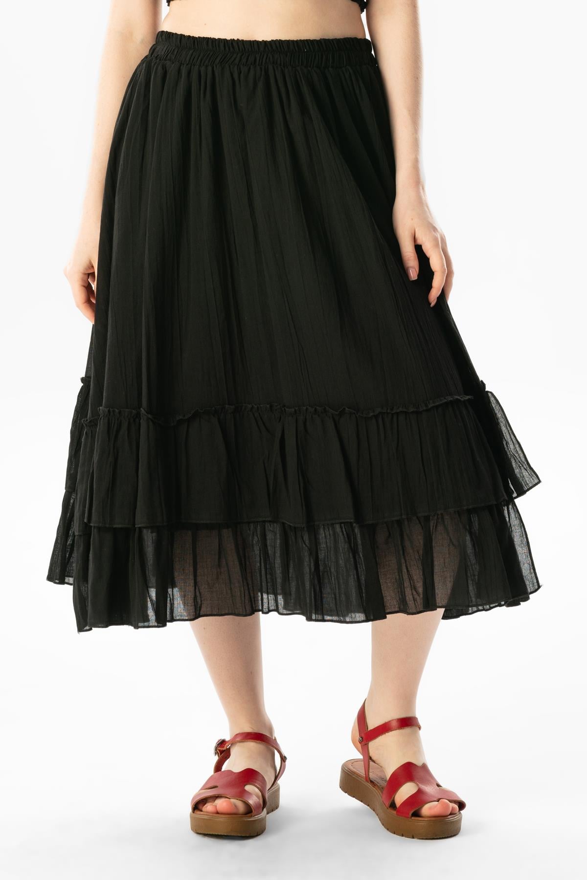 Lavinya Elastic Waist Voile Long Summer Skirt Black