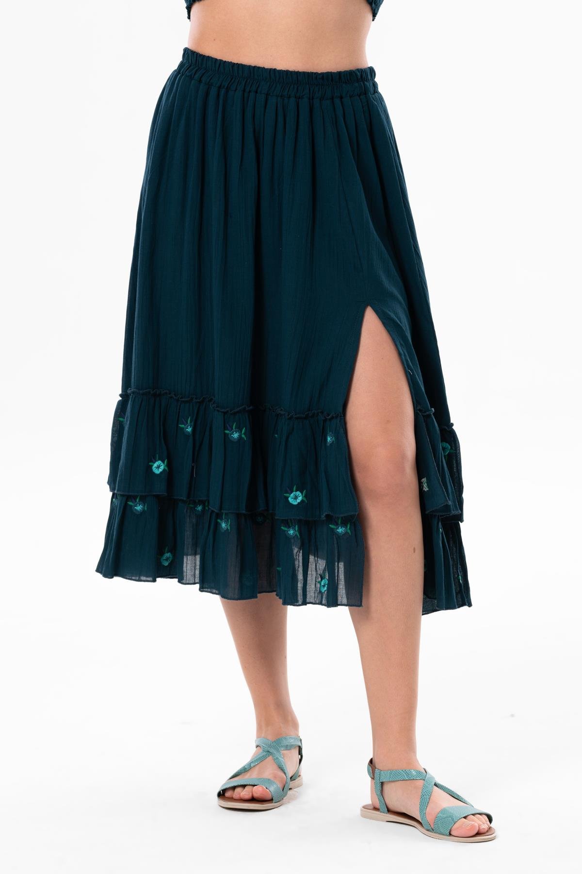 Lavinya Vual Nakışlı Uzun Yazlık Etek Petrol Ptrl