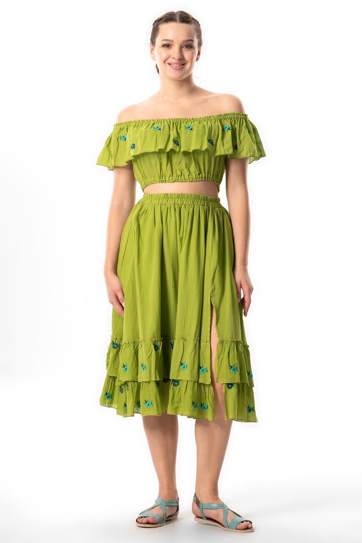 Lavinya Voile Embroidered Long Summer Skirt Pistachio Green