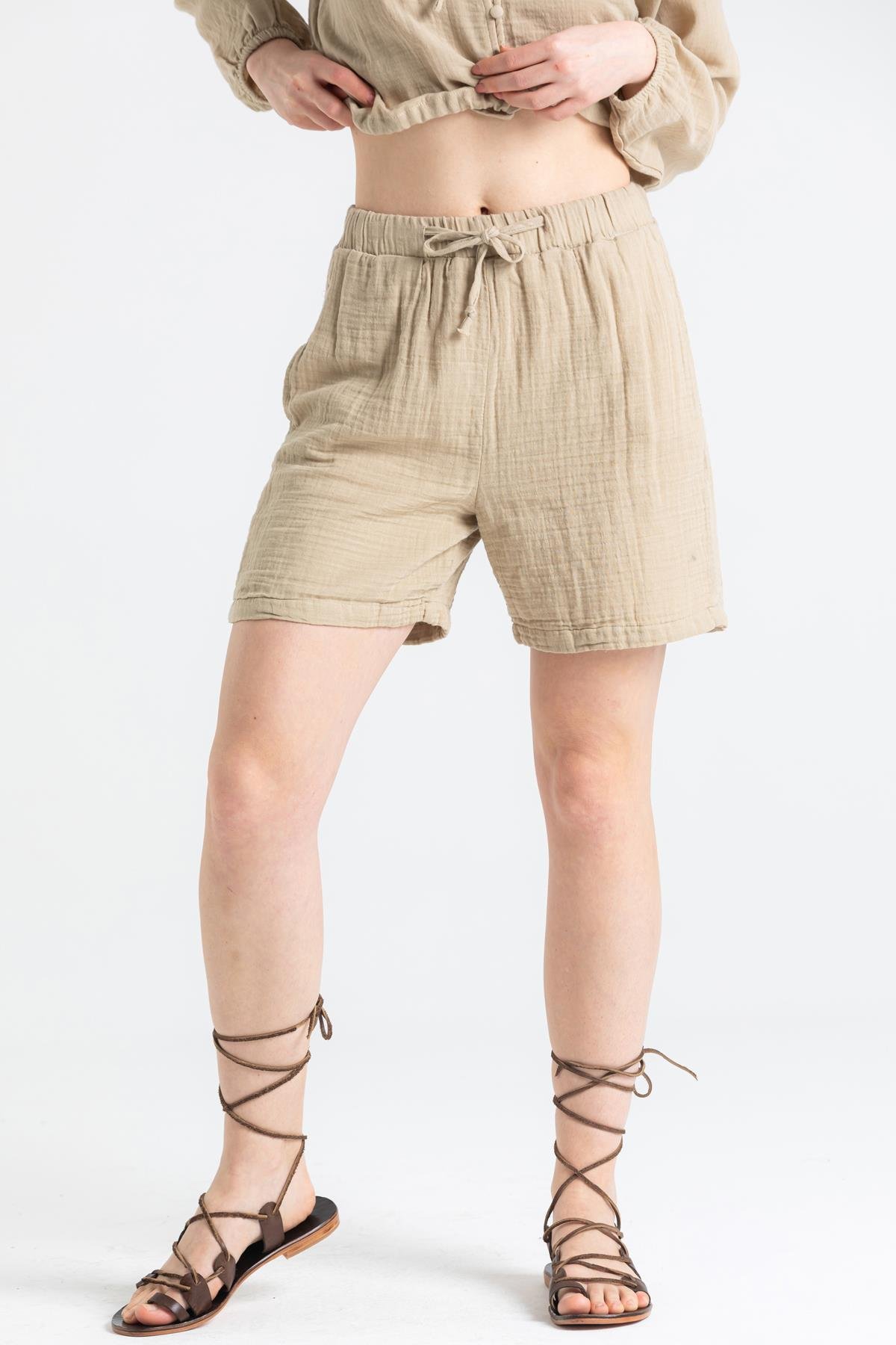 Müslin İnci Bağlamalı Şort Vizon Vzn