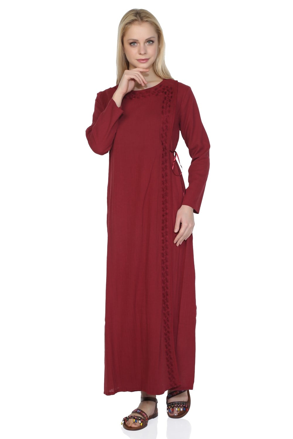 Embroidered Sile Fabric Abaya Claret Red