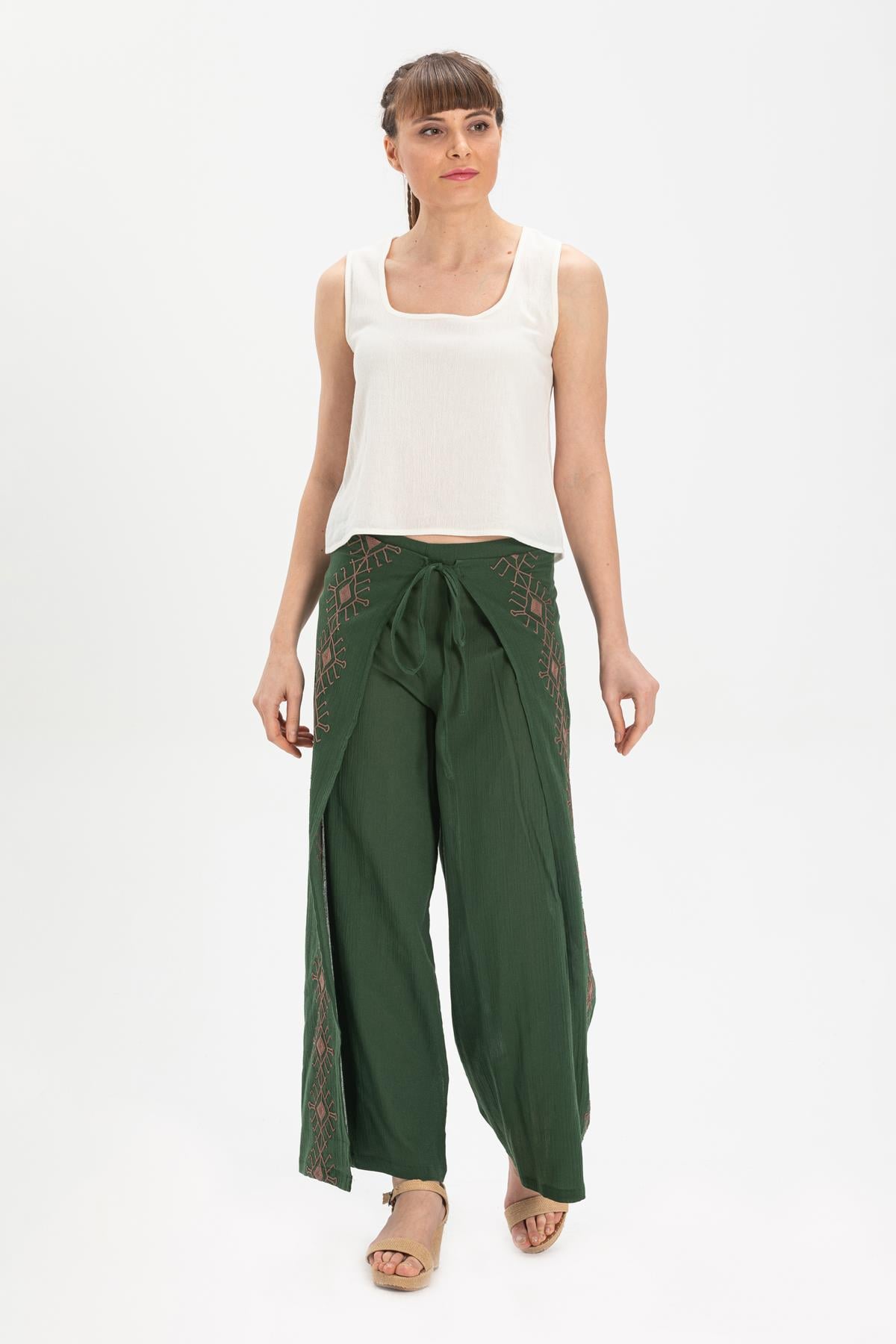 Embroidered Sile Fabric Riddle Pants Green
