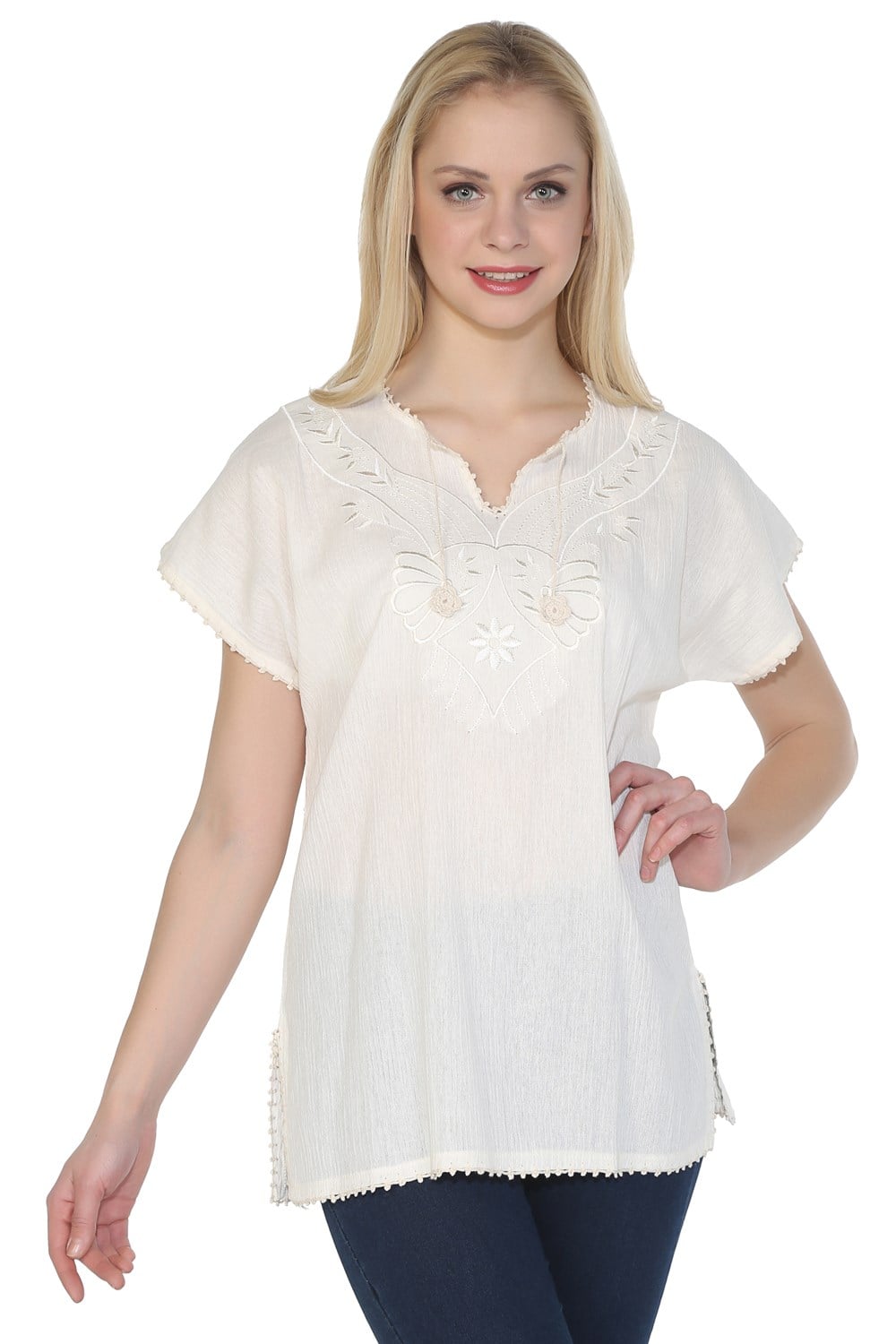 Short Sleeve Şile Fabric Naz Blouse Cream