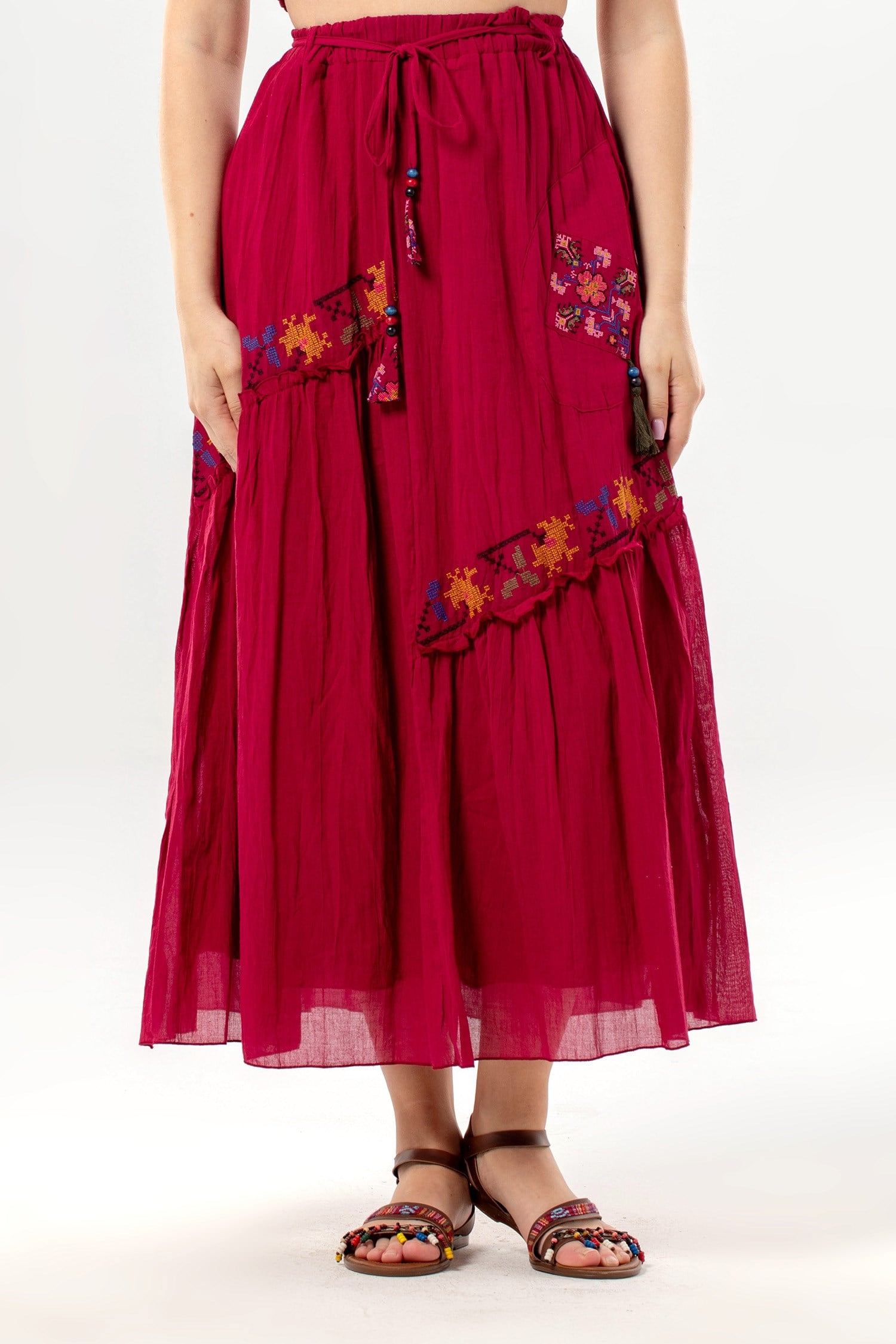 Nihal Tie-Front Waistband Elasticated Authentic Single-Pocket Summer Long Skirt Burgundy