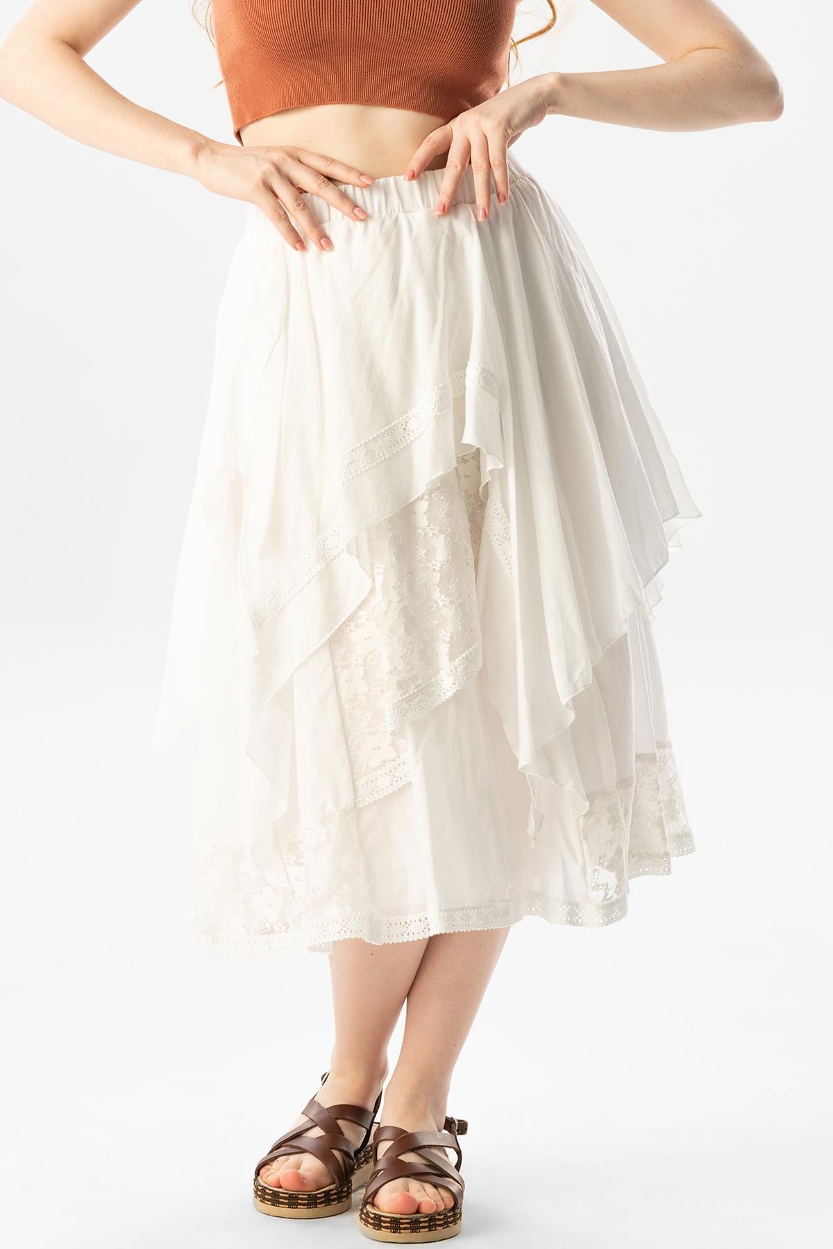 Salkım Voile Lace Fringed Long Summer Authentic Skirt Cream
