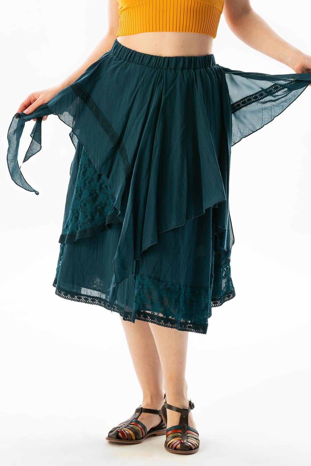 Salkım Voile Lace Fringed Long Summer Authentic Skirt Petrol