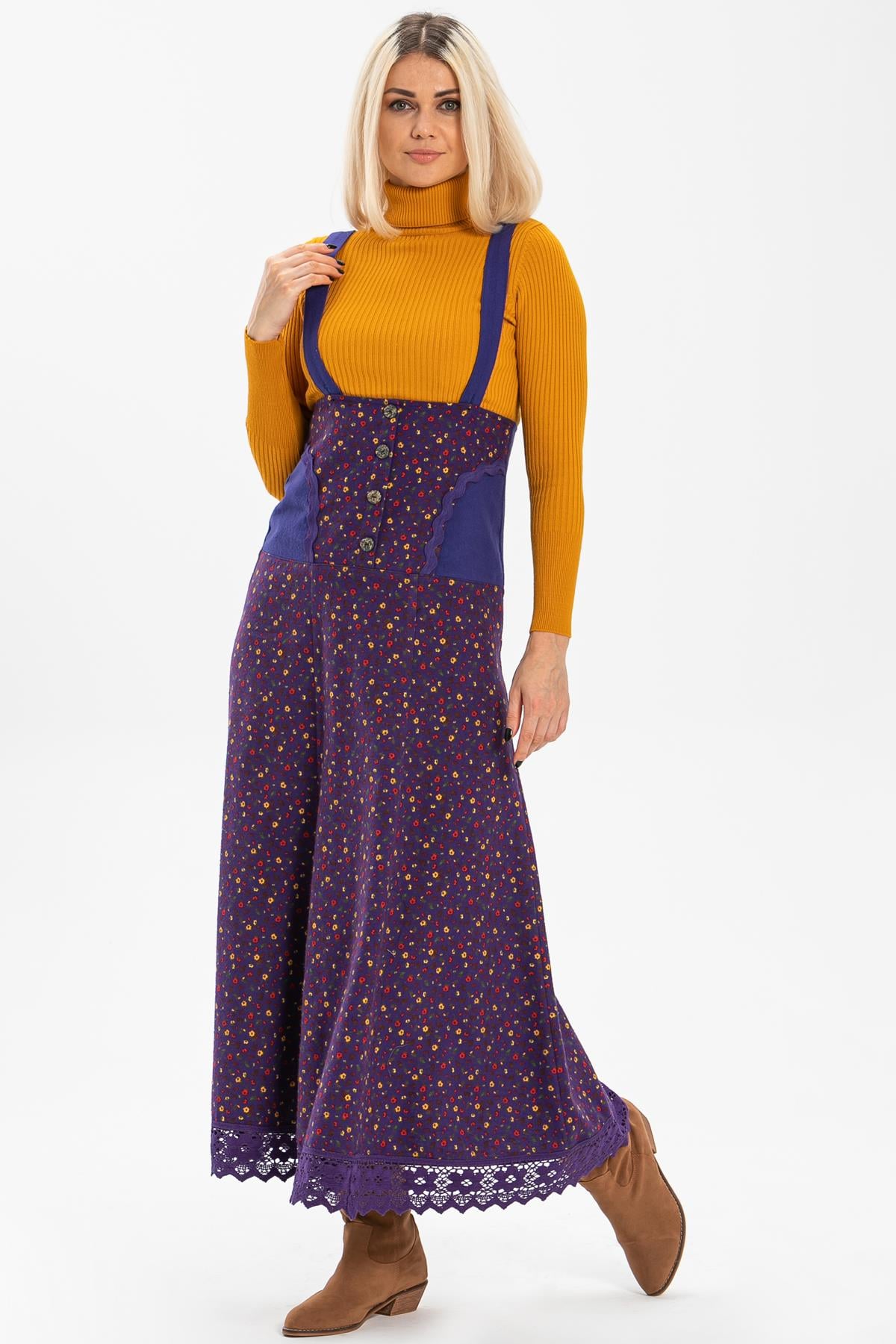 Salopet Flannel Long Skirt Crispy Pattern Purple