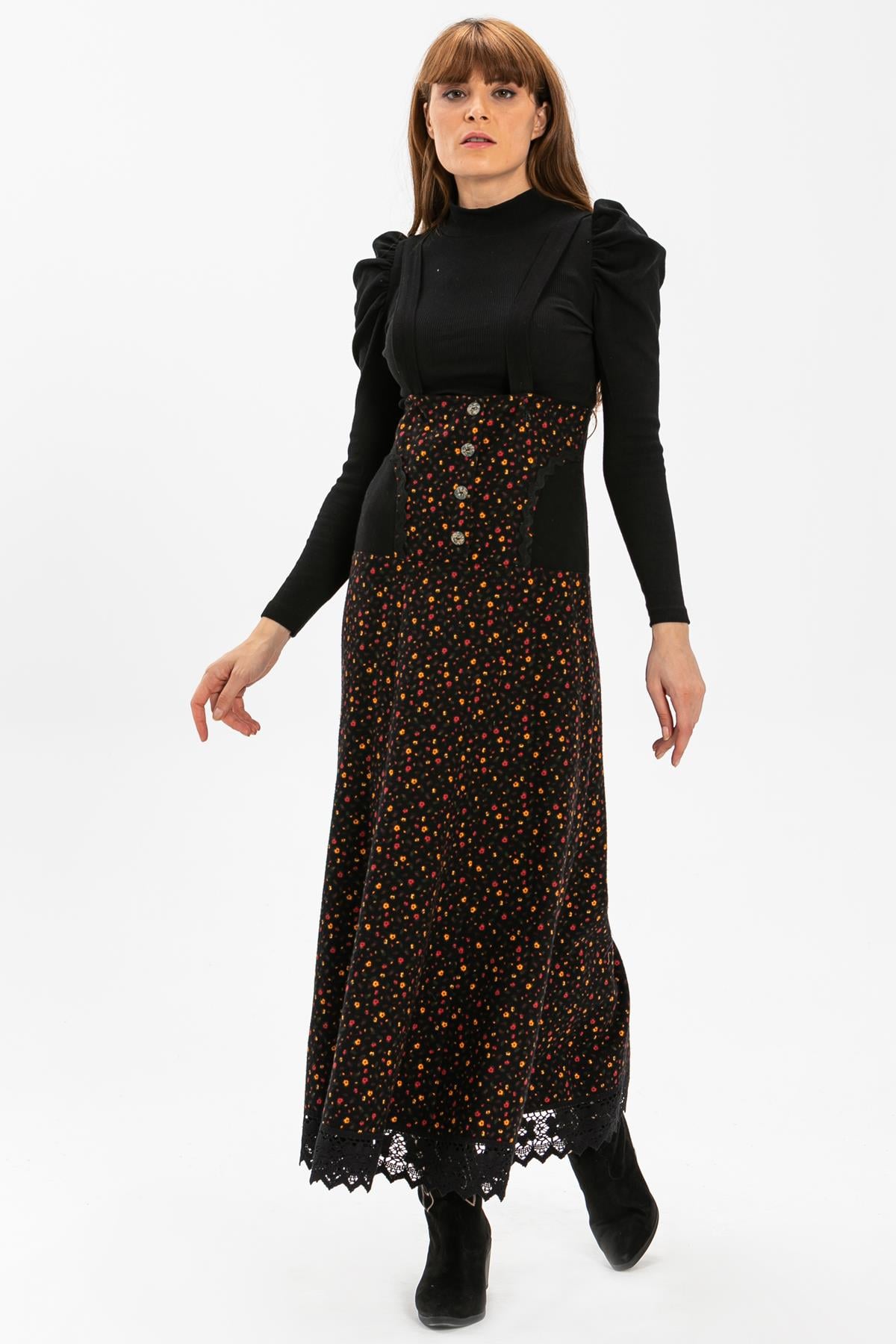 Salopet Flannel Long Skirt Crispy Pattern Black