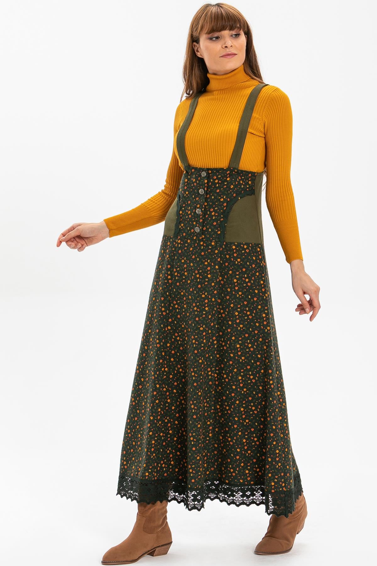 Salopet Flannel Long Skirt Crispy Pattern Khaki