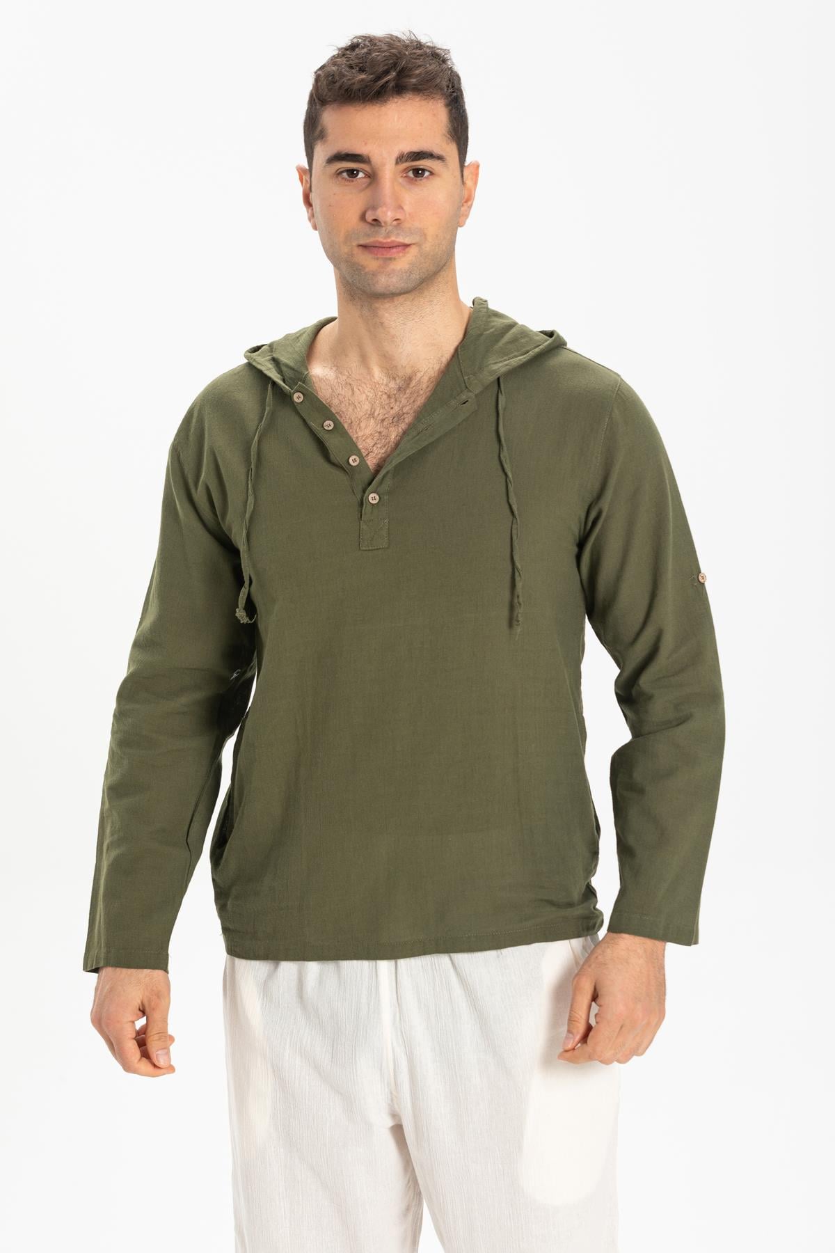 Şile Bezi Çift Cepli Kapüşonlu Erkek Sweatshirt Haki Hk