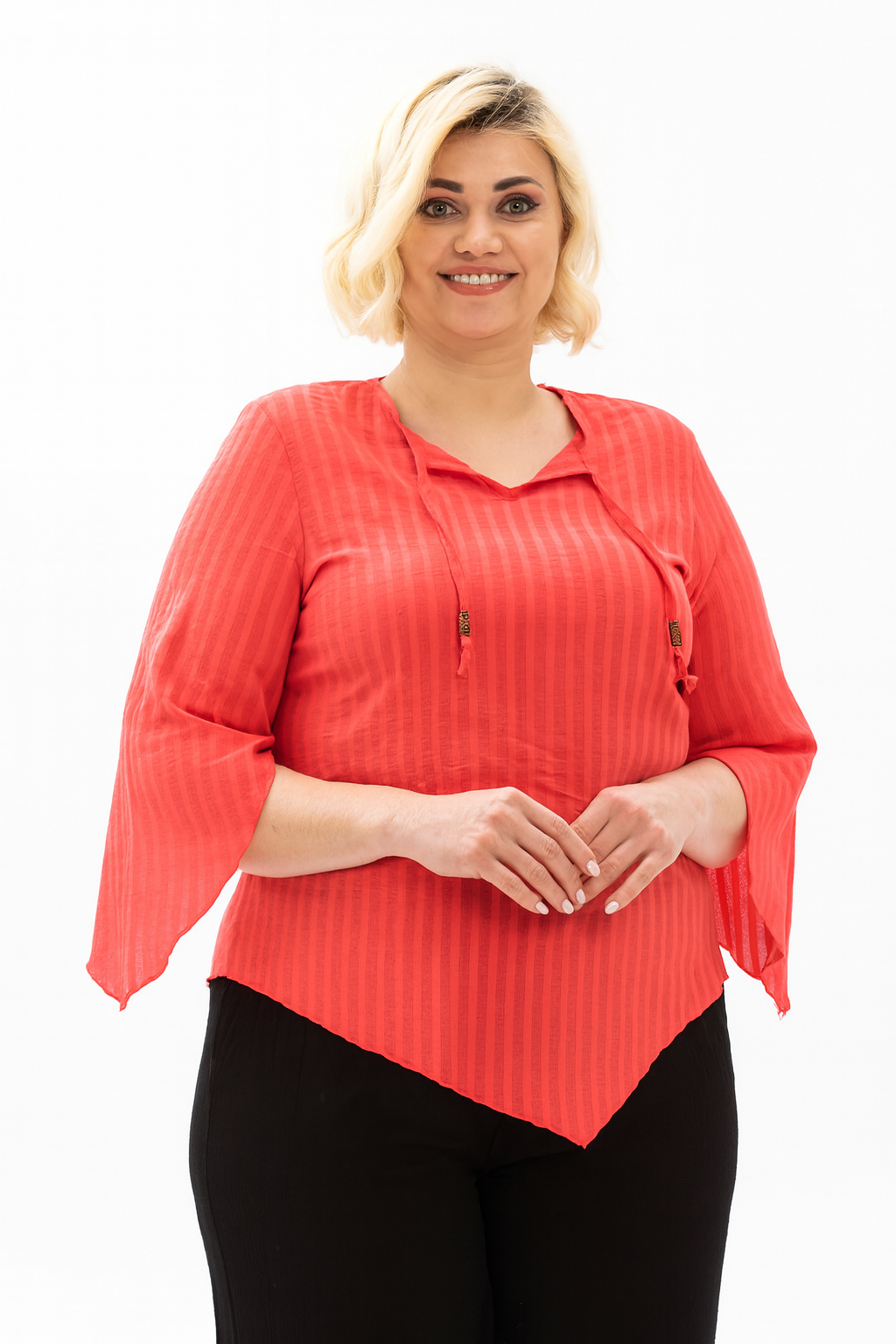 Truvakar Kol Büyük Beden Gofre Rodos Yazlık Bluz Mercan Mrcn