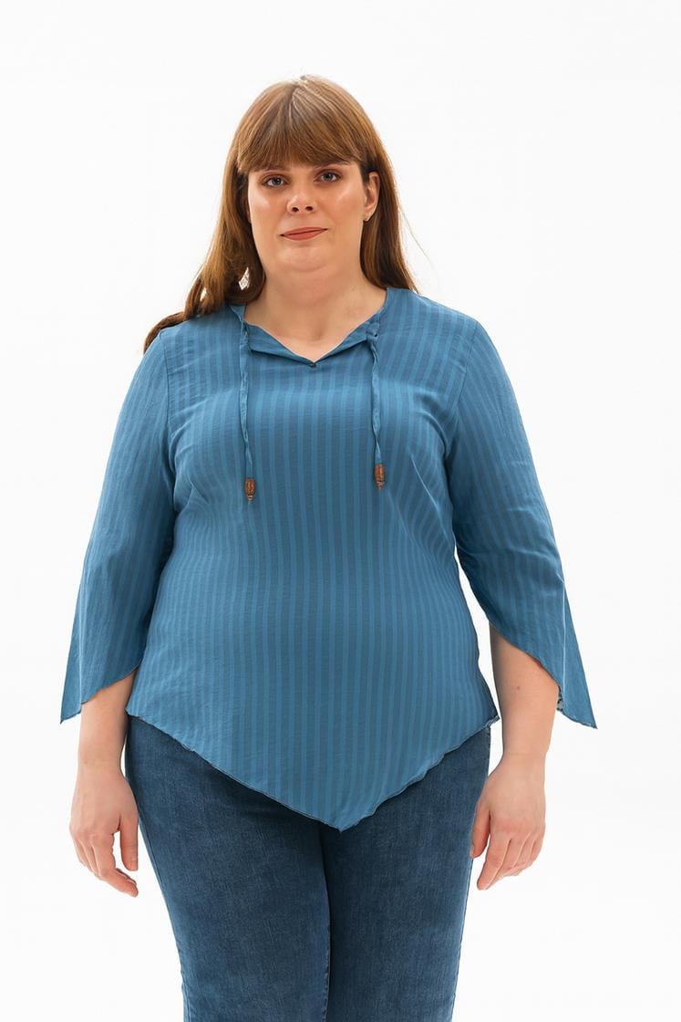 Truvakar Kol Büyük Beden Gofre Rodos Yazlık Bluz İndigo indg