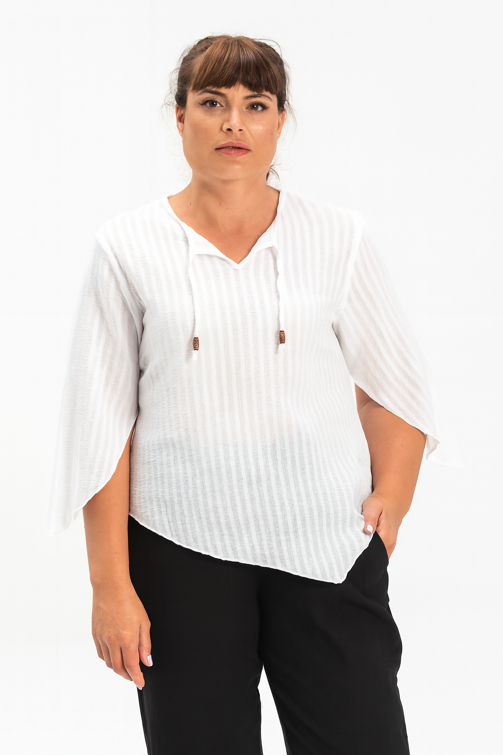 Truvakar Kol Büyük Beden Gofre Rodos Yazlık Bluz Beyaz Byz