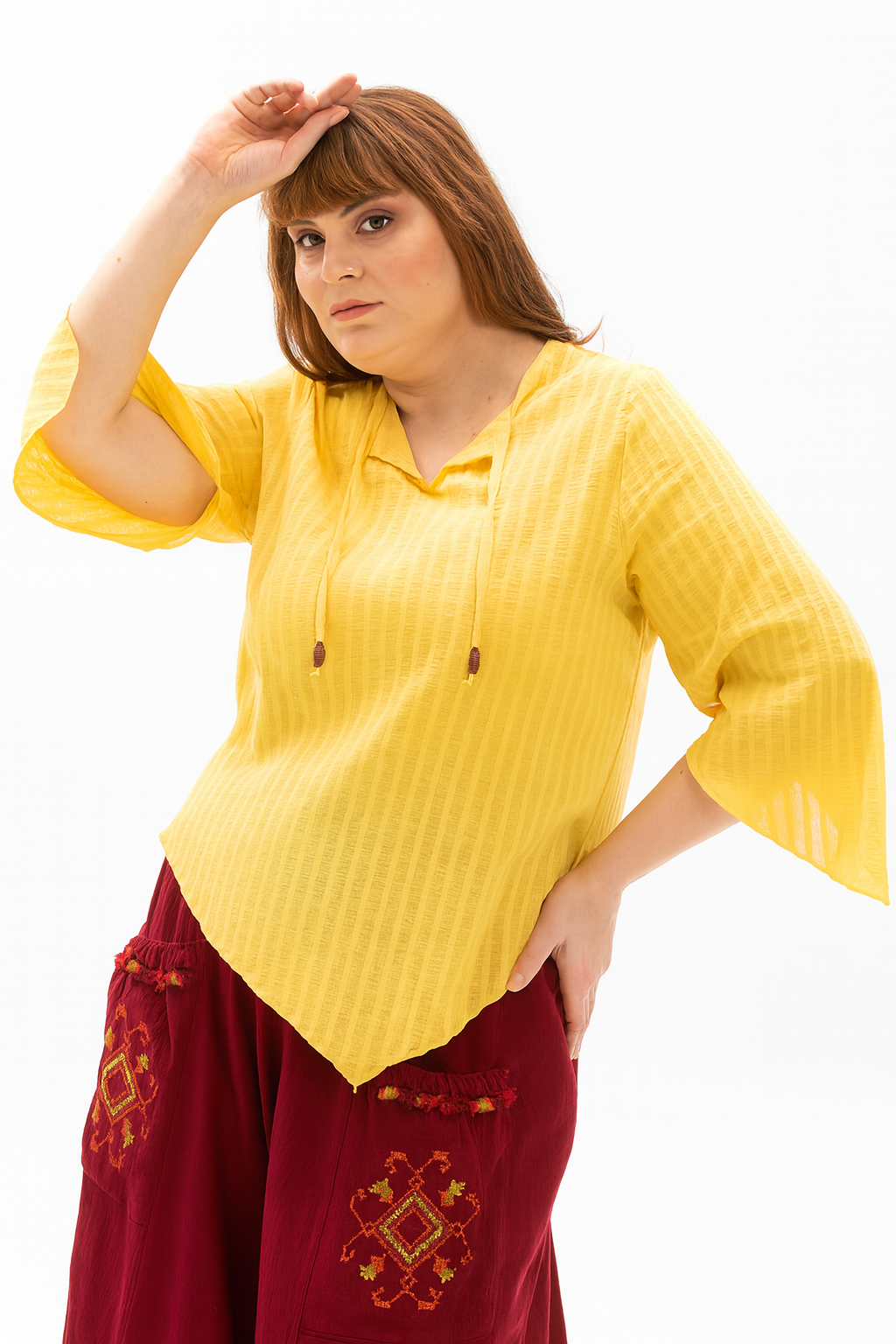 Truvakar Kol Büyük Beden Gofre Rodos Yazlık Bluz Sarı Sarı