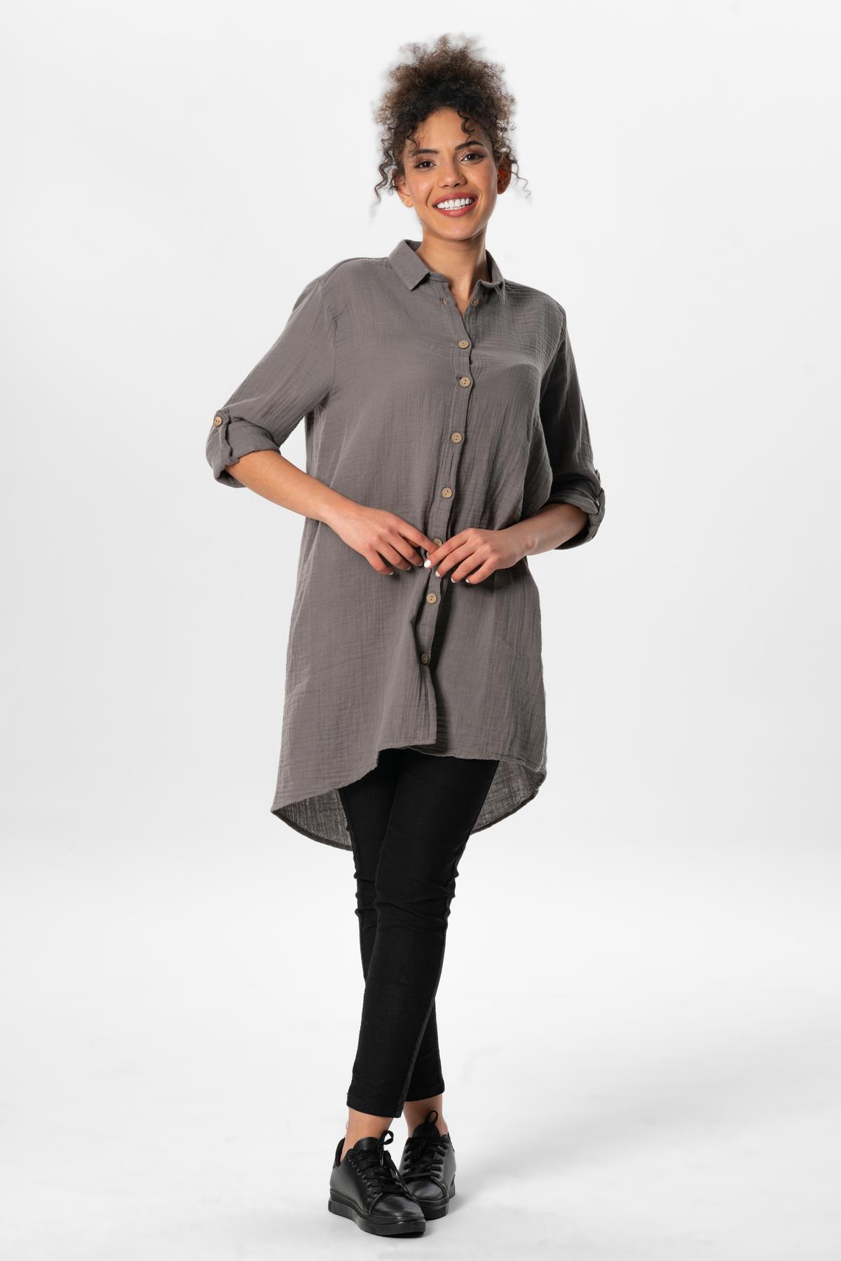 Long Foldable Sleeve Sedanur Shirt Collar Summer Muslin Tunic Gray