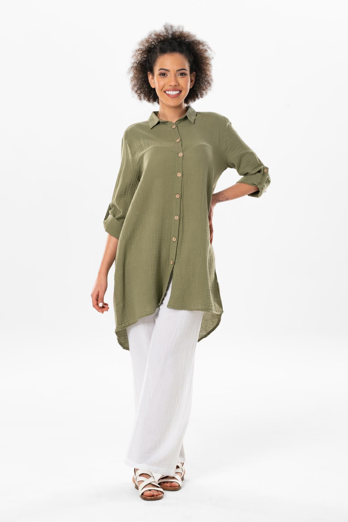 Long Foldable Sleeve Sedanur Shirt Collar Summer Muslin Tunic Khaki