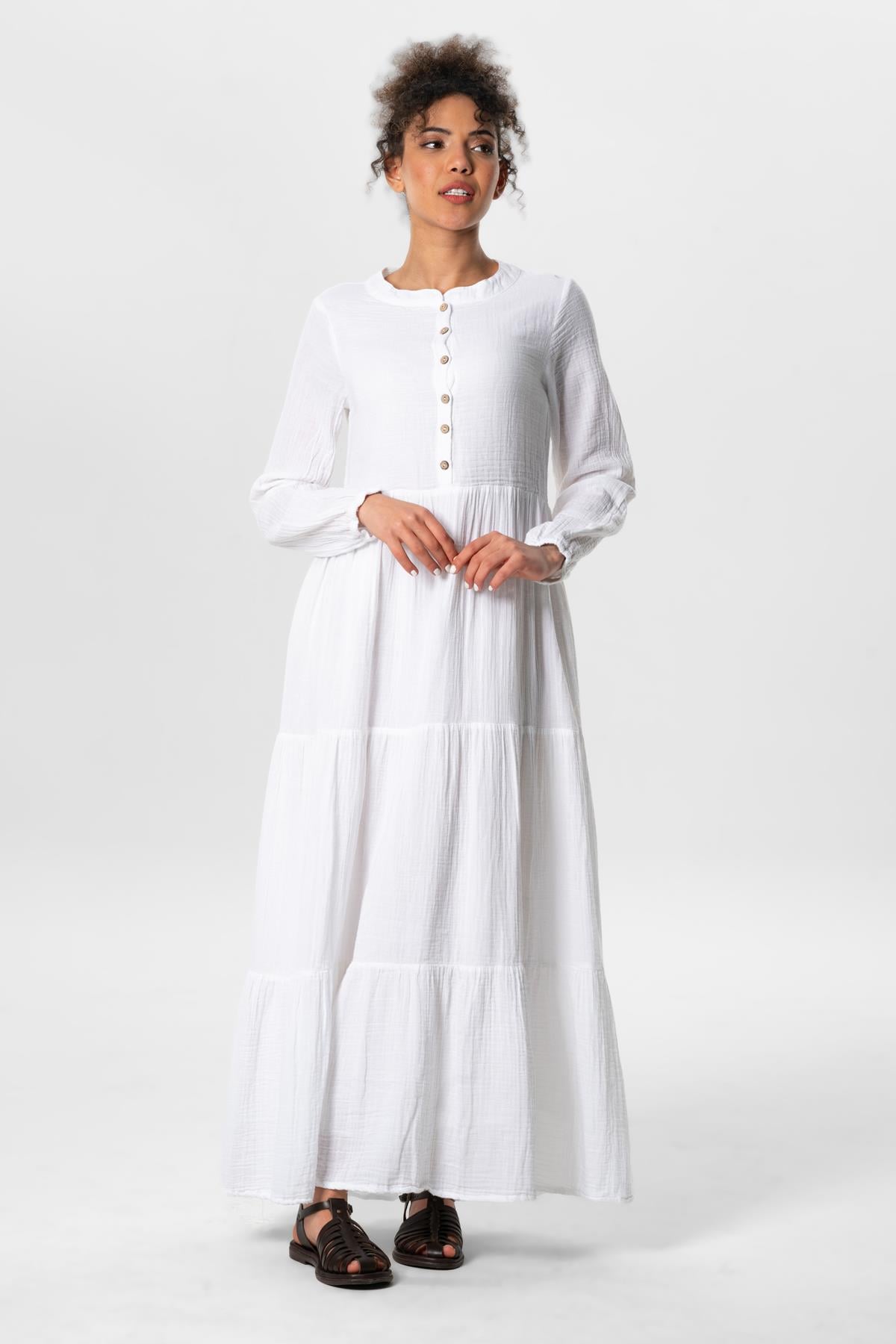 Long Sleeve Akay Long Button Detail Summer Muslin Dress White