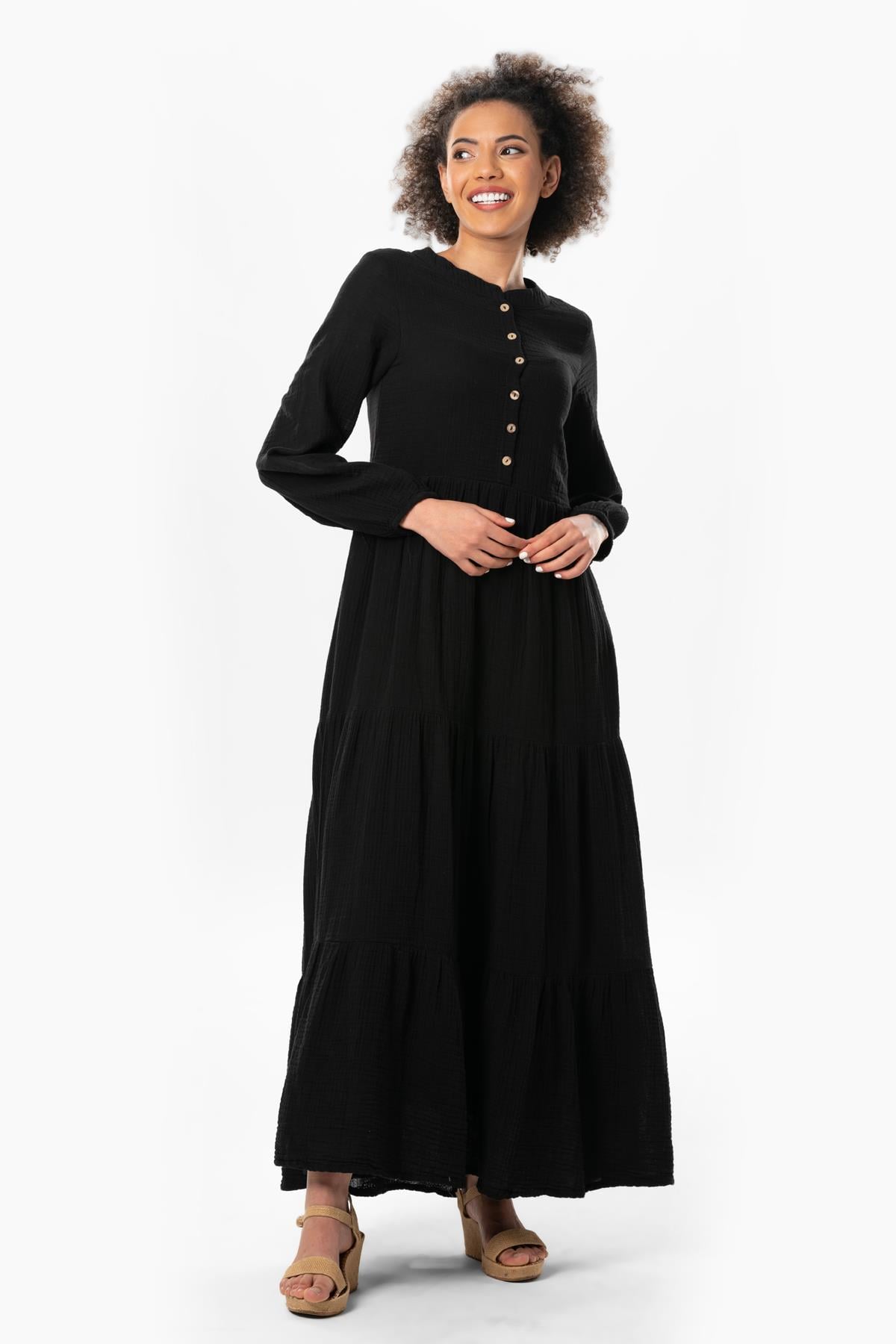 Long Sleeve Akay Long Button Detail Summer Muslin Dress Black
