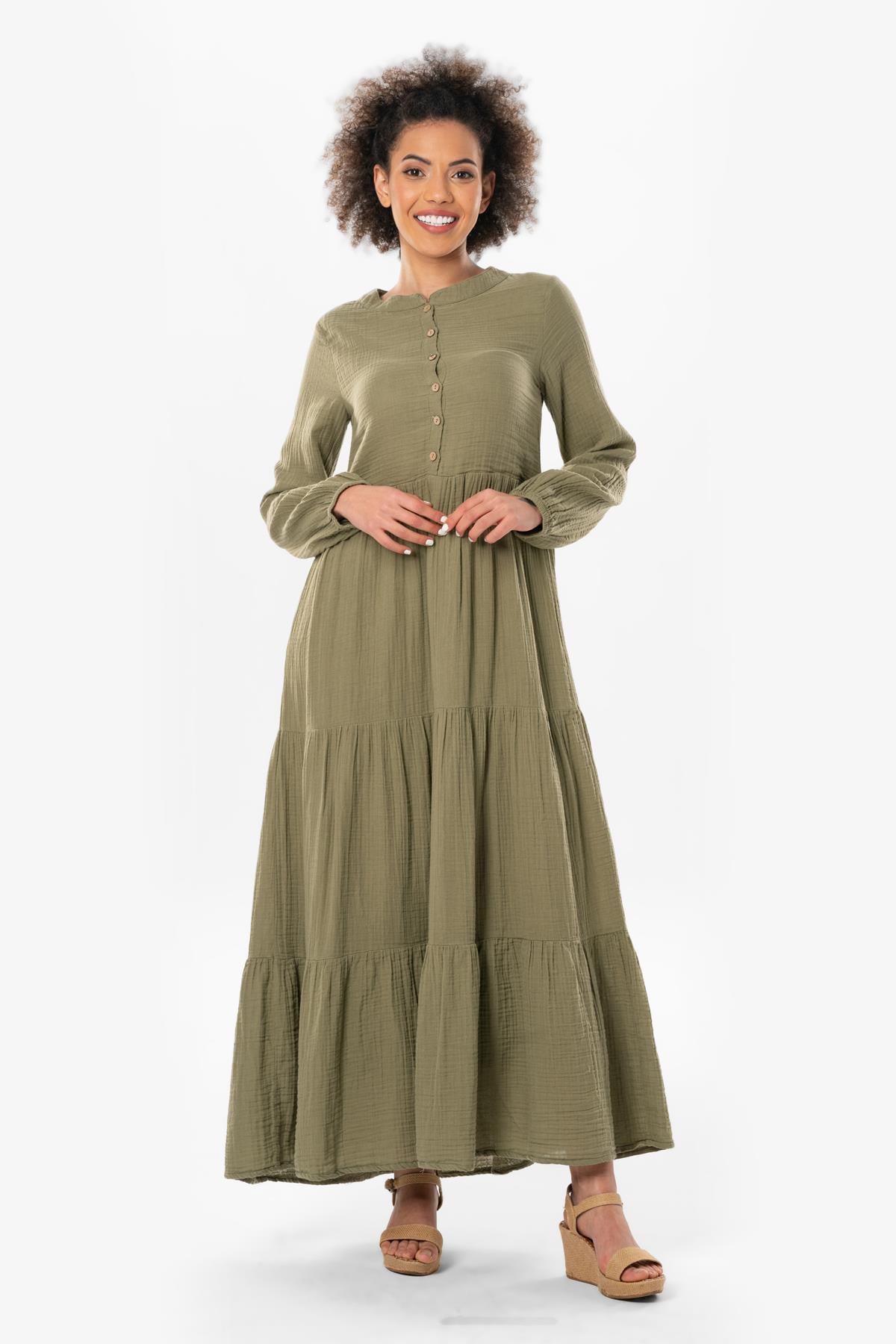 Long Sleeve Akay Long Button Detail Summer Muslin Dress Khaki