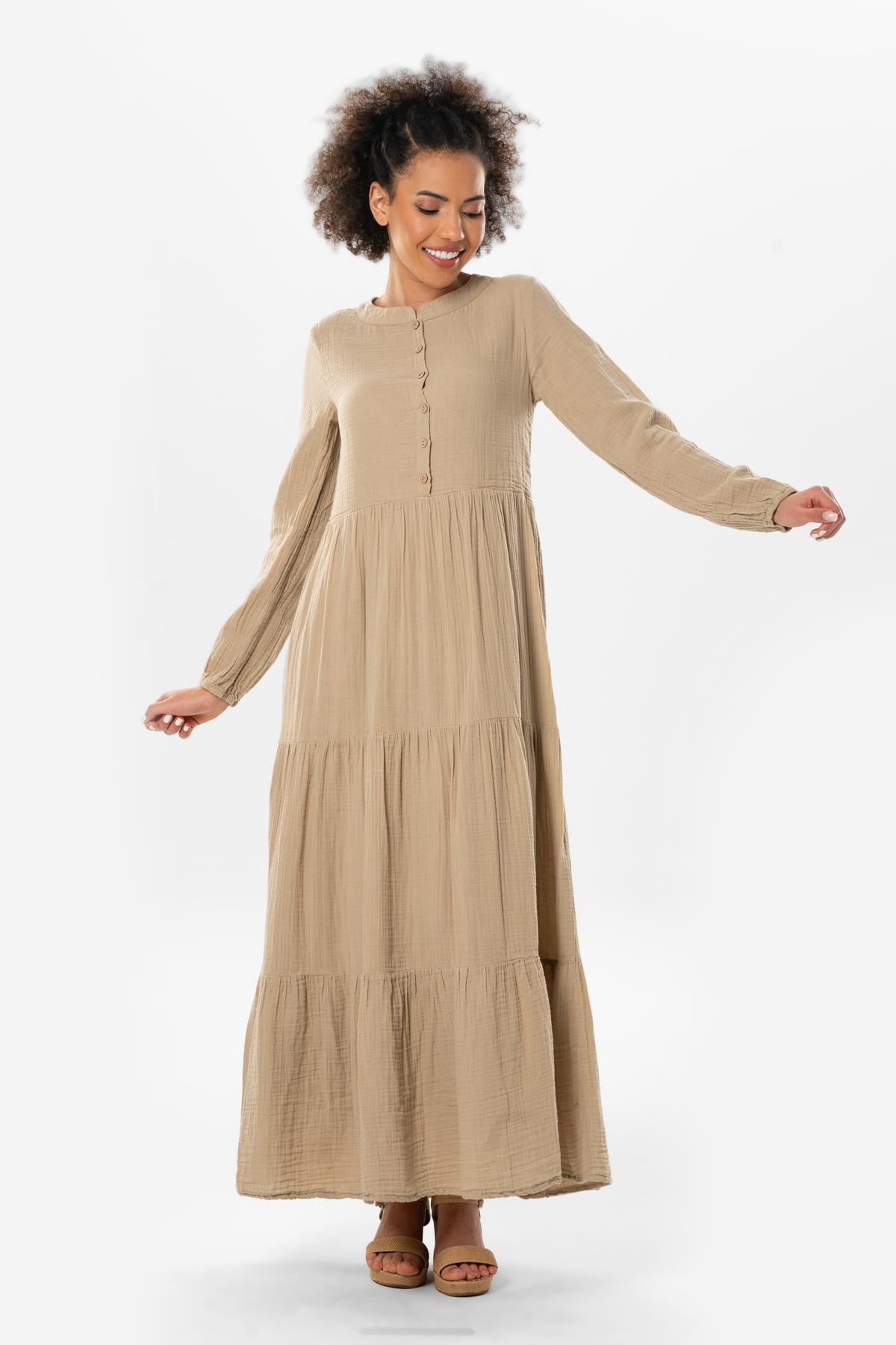 Long Sleeve Akay Long Button Detail Summer Muslin Dress Mink