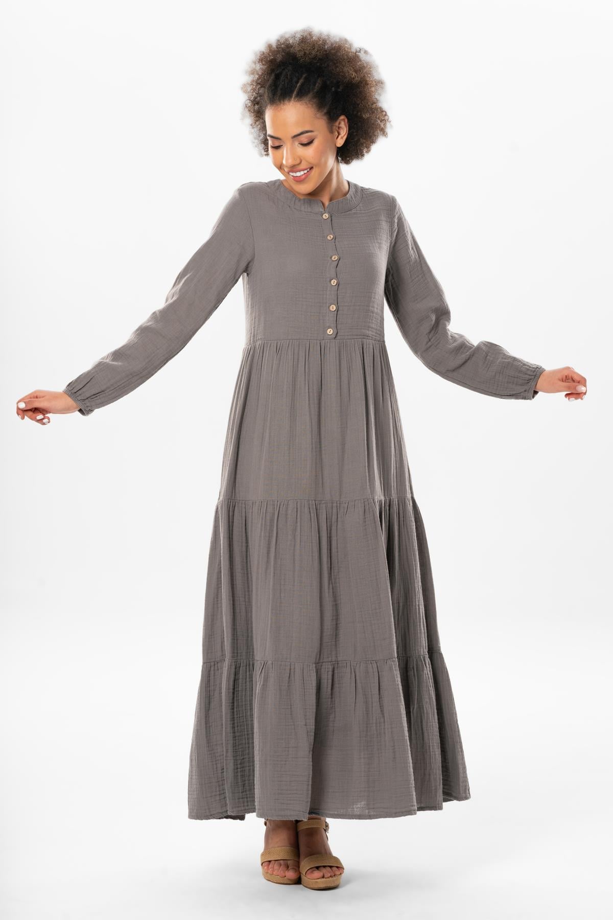 Long Sleeve Akay Long Button Detail Summer Muslin Dress Gray