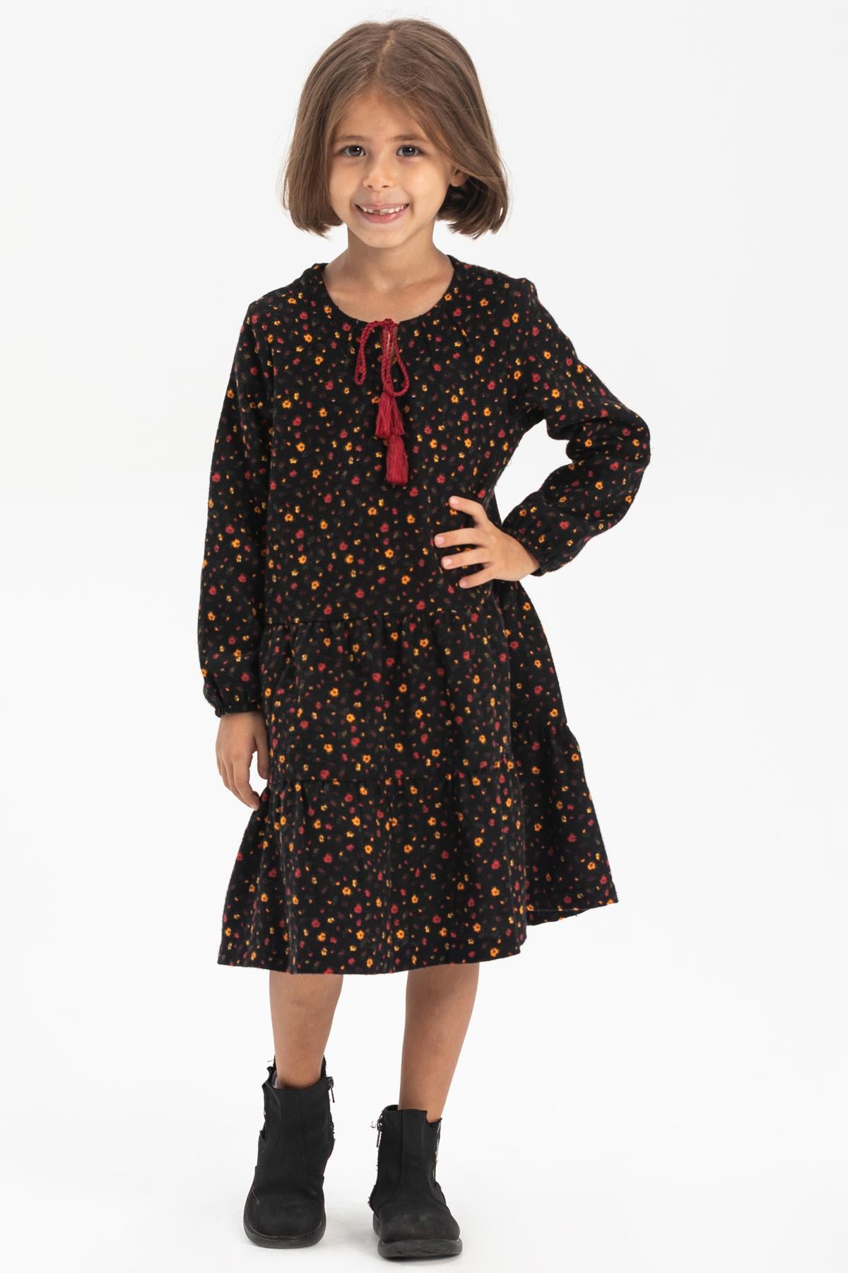 Long Sleeve Flannel Alya Kids Dress Crispy Pattern Black